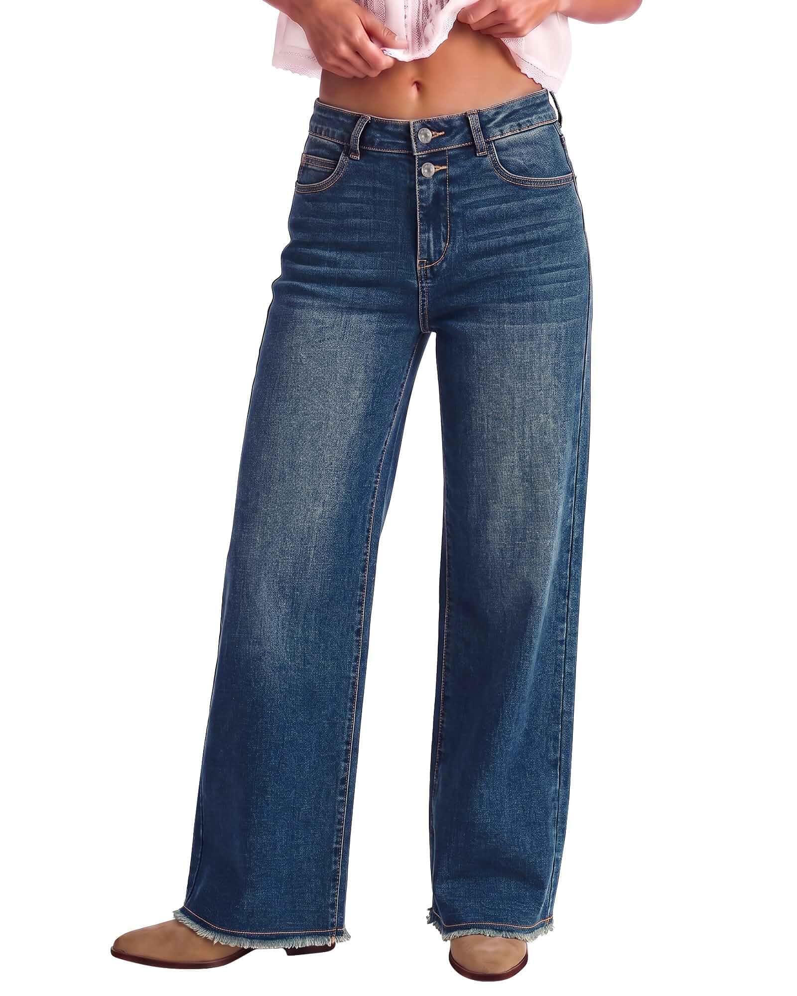 luvamia Wide Leg Jeans for Women High Waisted Stretchy Denim Pants Raw Hem Wide Leg Jeans, 90s Baggy Straight, High Rise, Stretch, 29.5 Inch Inseam, Button Front, Raw Hem, Western Outfit for Women