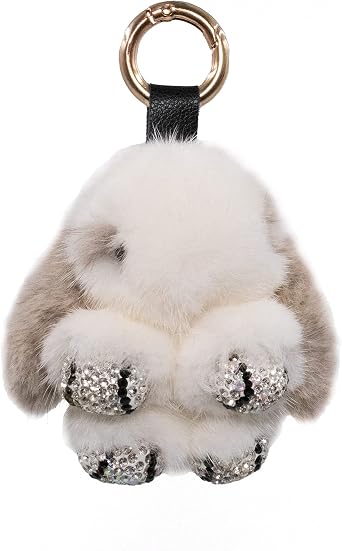 surell Sparkly Mink Fur Pom Bunny Keychain with Bling Paws - Rhinestone Charm for Bags and Purses - Cute Pocketbook Accessory