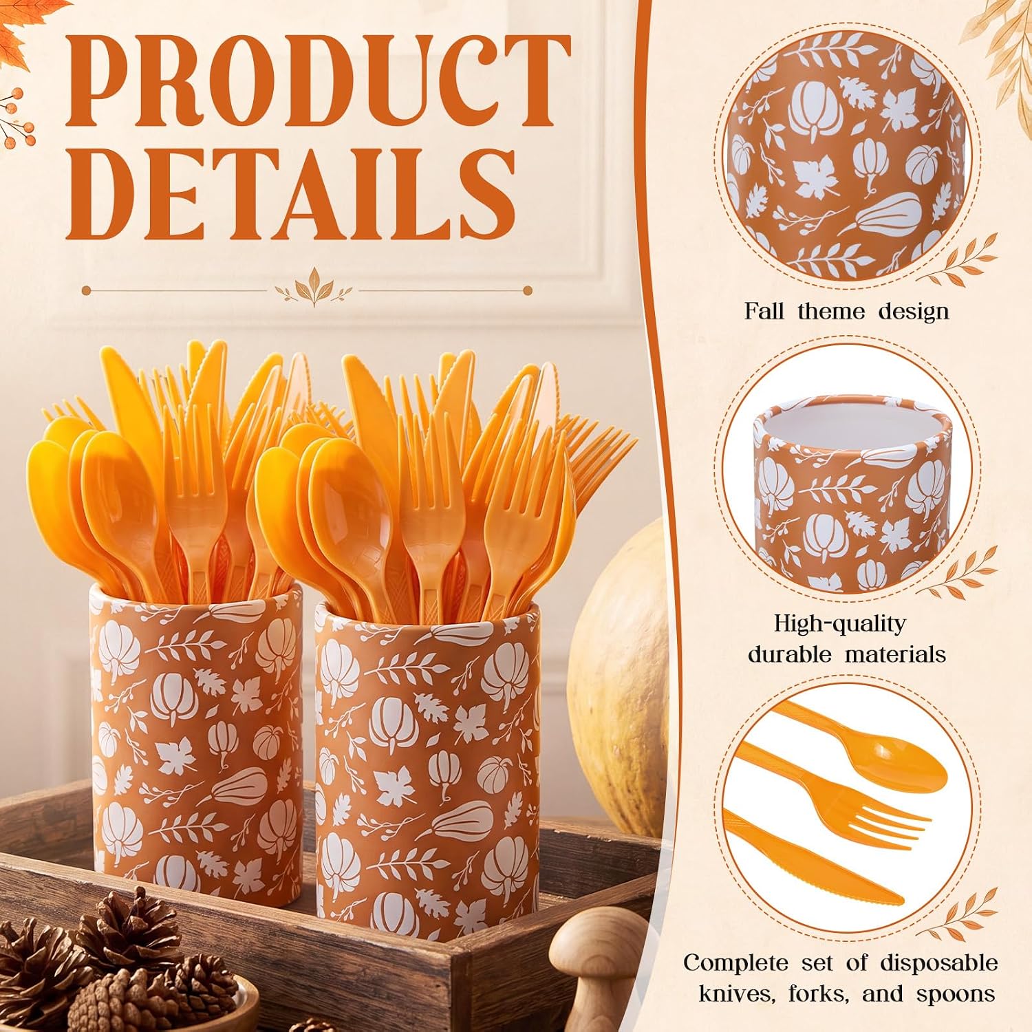 3 Set Fall Party Supplies 3 Autumn Pumpkin Utensil Holders with 90 Cutlery image 3