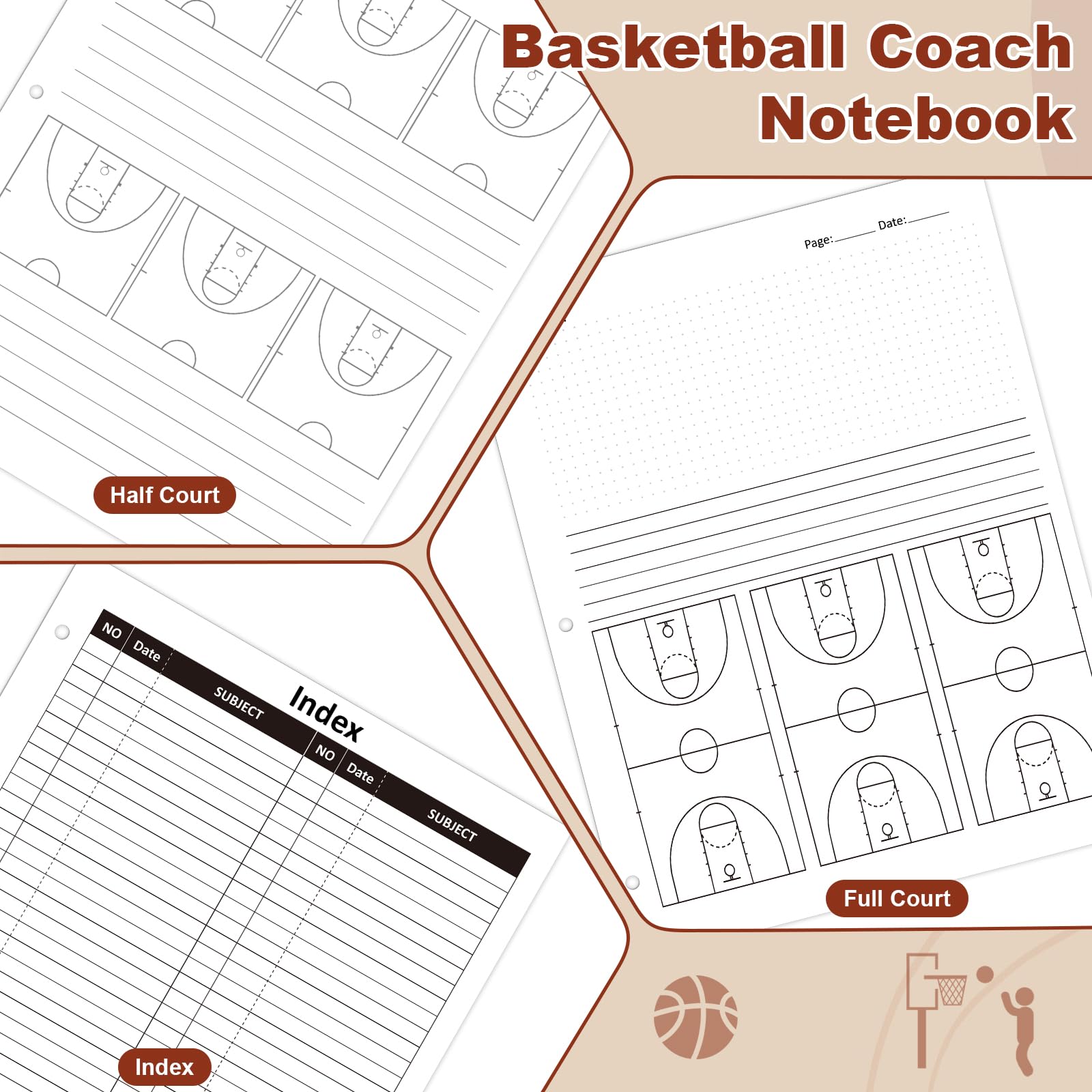 Basketball-Coach-Notizbuch, 63 Seiten, Playbook-Tagebuch, 21,6 x 27,9 cm, Basketball-Trainer-Ordner, Rotbraun, Basketball-Übungsplaner, Bohrer-Zubehör für Spieler, Studenten