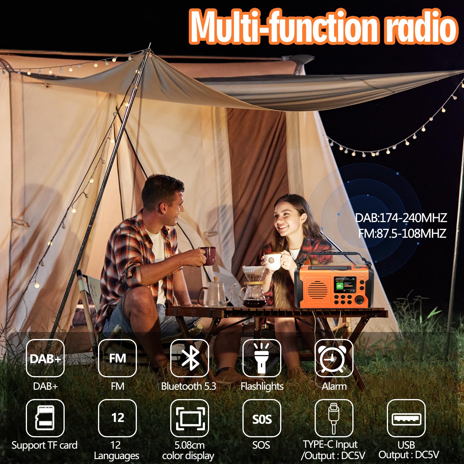 20000mAh DAB/DAB+/FM Radio Portatile Ricaricabile, 3 Metodi di Ricarica, 11 en 1 Solar Radio a Manovella avec Power Bank, Bluetooth5.3, SOS, Torcia, Bussola,Scheda TF e Luce di Lettura