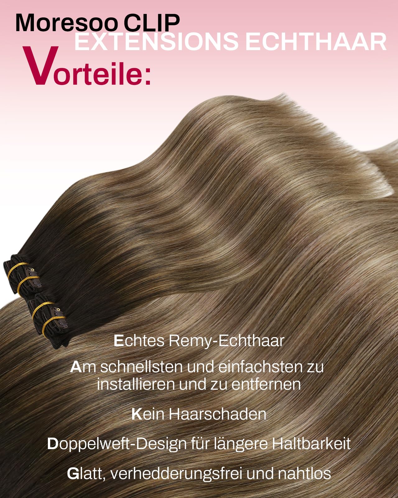 Moresoo Clip in Extensions Echthaar, Salon Qualität Weiches Glattes Haar 35 cm 5 Stück 80g Echthaar Extensions Clip in #4/10/16 Braun zu Braun mit Blond, Leicht zu Tragen Solide und Langlebig 14 Zoll