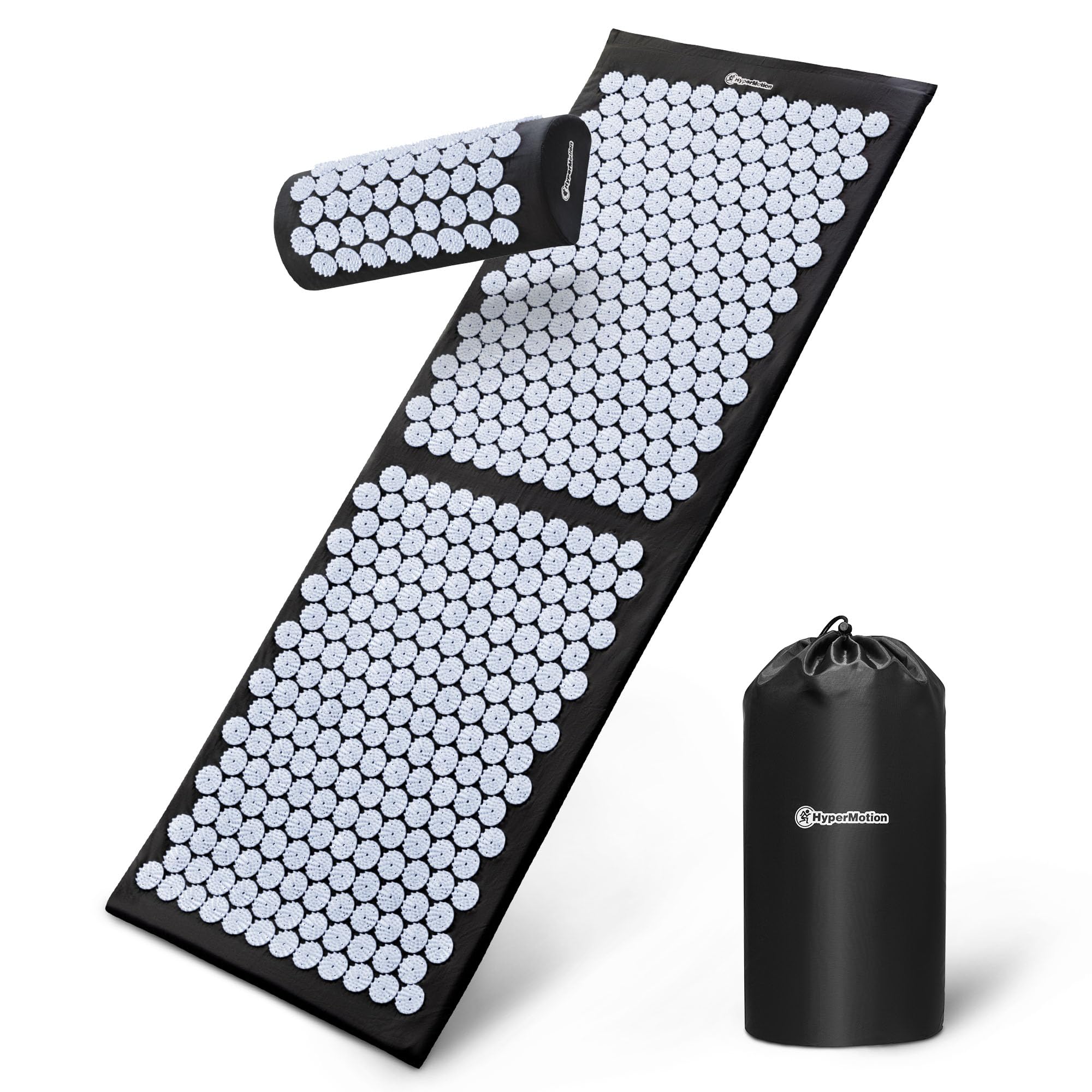 HyperMotion Akupressurmatte mit Kissen - Akupunktur Matte - Massagematte Ganzkörpermassage und Regeneration, Akupressurmatte Set für Entspannung Schwarz-Weiß, 130 x 50 x 2 cm