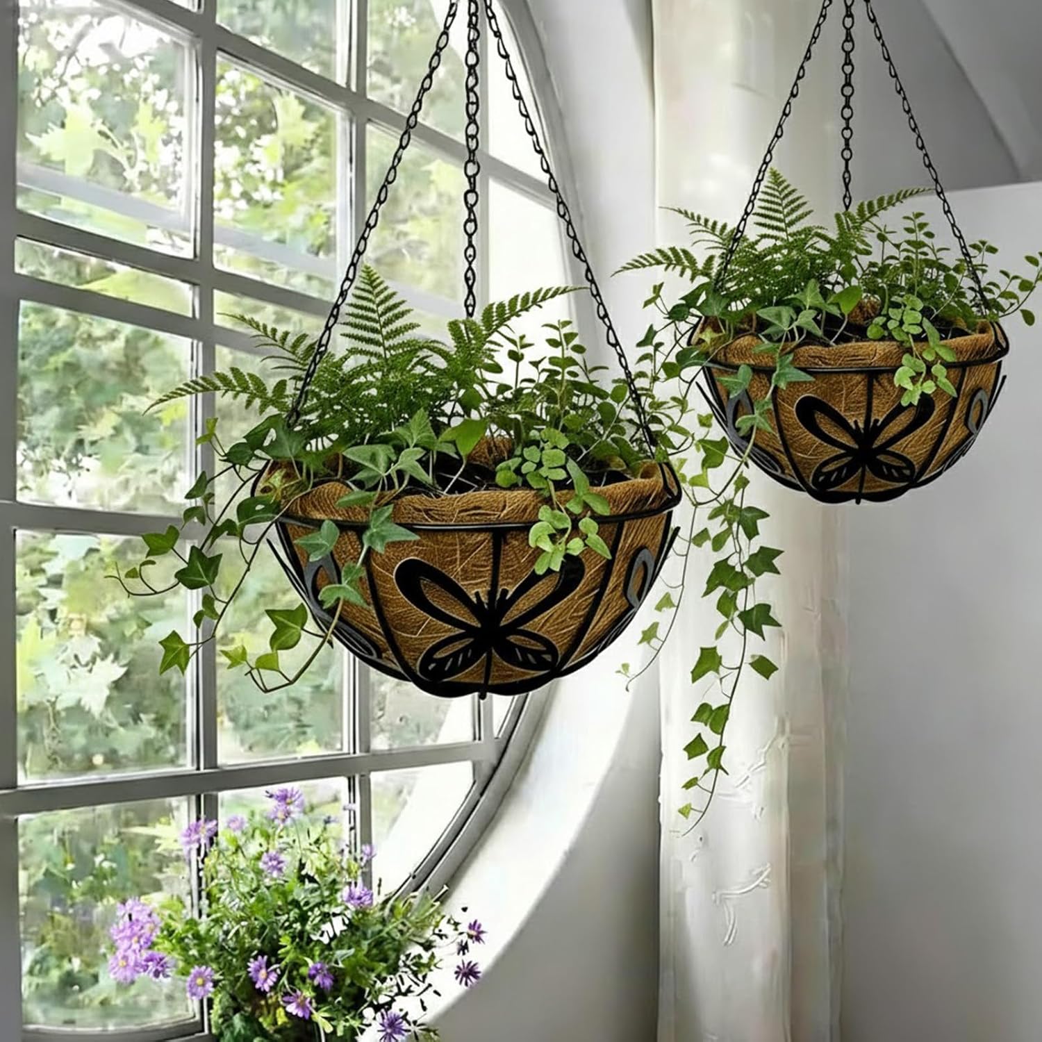 12 Inch Hanging Baskets for Plants Outdoor, 2 Pack Metal Wire Hanging Planters with Coco Coir Liners, Rust-Resistant Flower Basket with Chains & Hooks for Garden Patio Porch Deck Balcony