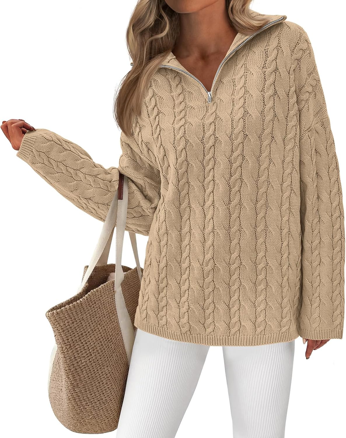 PRETTYGARDEN Womens Spring Sweaters 2026 Long Sleeve Quarter Zip Pullover Sweater Casual Loose V Neck Cable Knit Jumper Tops