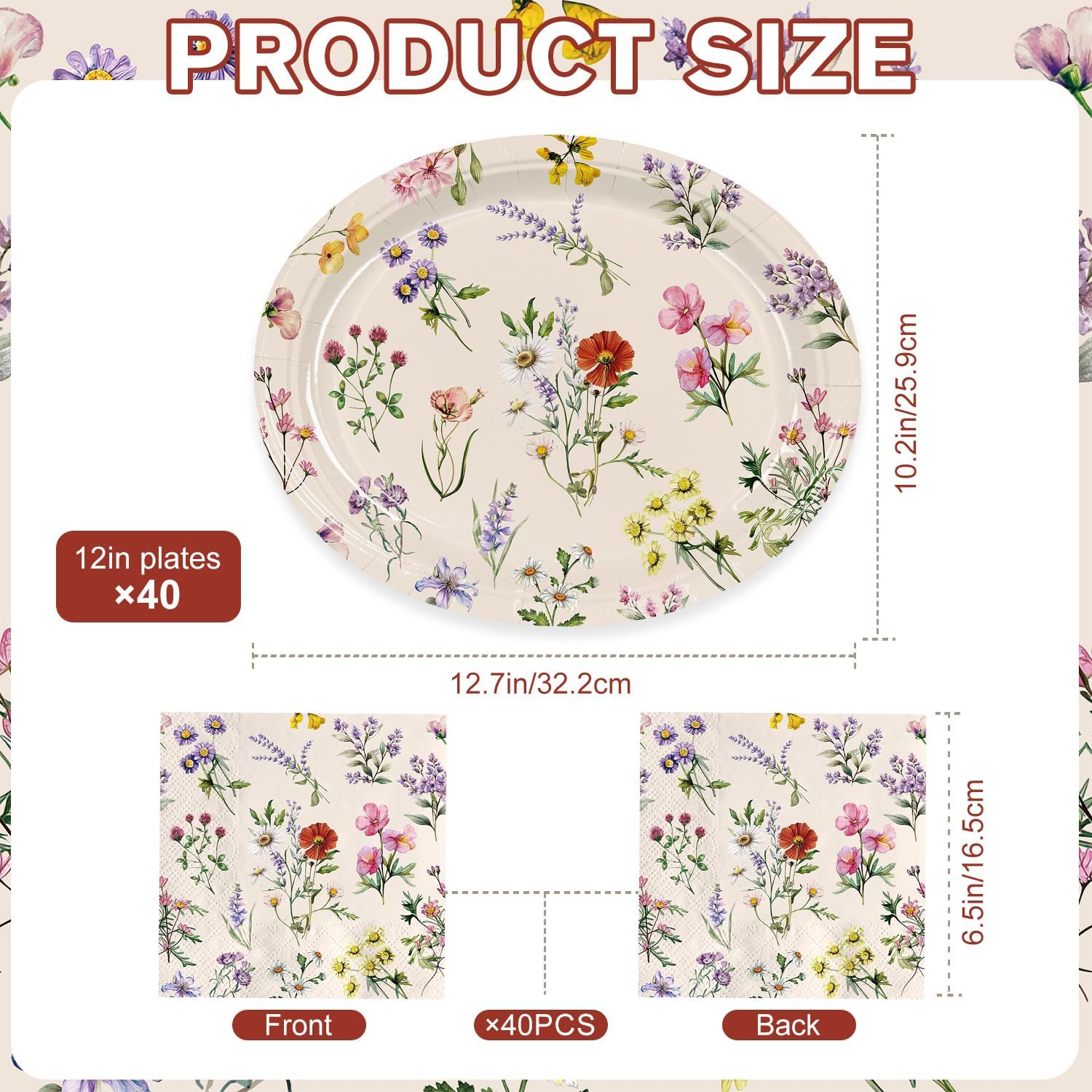 80Pcs Oval Vintage Wildflower Paper Plates Napkins 12 x 10 Inch image 2