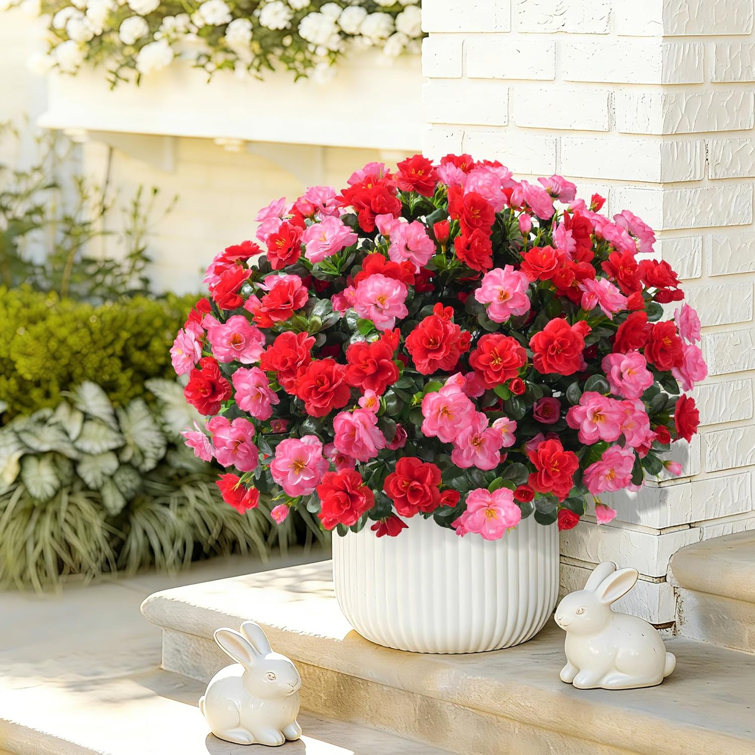 Artificial Faux Outdoor Flowers Plants for Spring Summer Decoration, Fake Silk Camellia UV Resistant Look Real for Planter Outside Front Door Porch Patio Balcony, 3 Large Bundles (Melon Red+Red)