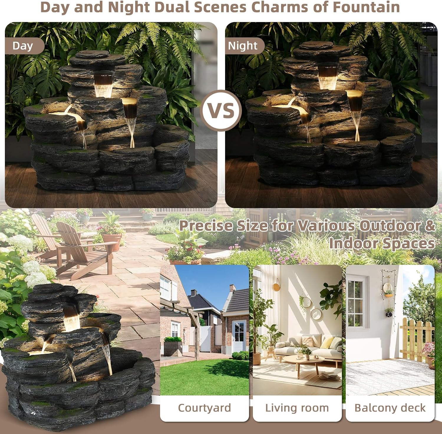 5-Tier Rock Outdoor Water Fountain, 29.7" L Realistic Moss Decor & Cascading Waterfall Fountain with LED Lights, Resin Garden Water Feature for Patio, Yard & Porch, Home Art Décor