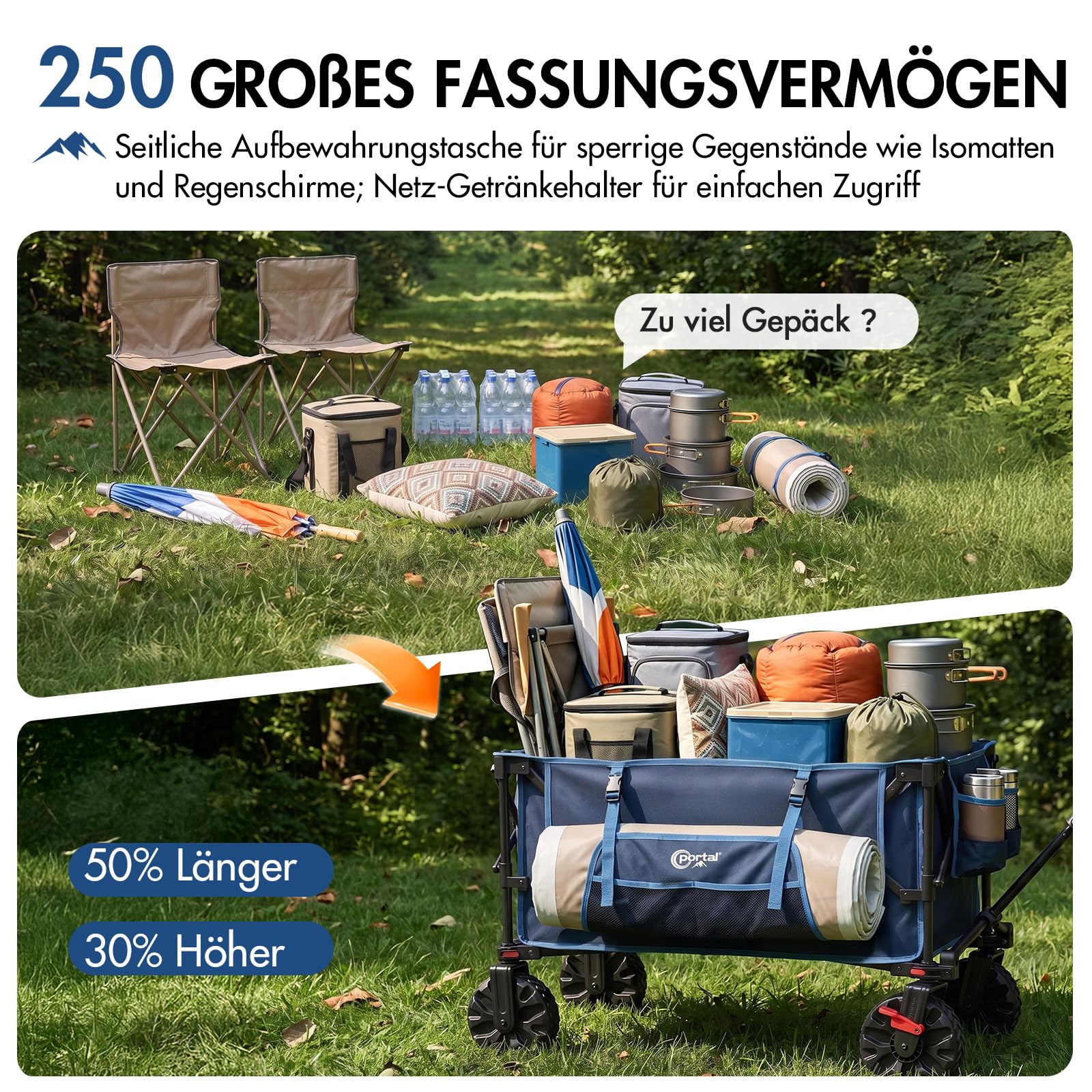 Portal Bollerwagen faltbar 250L 150kg mit Größe Reifen