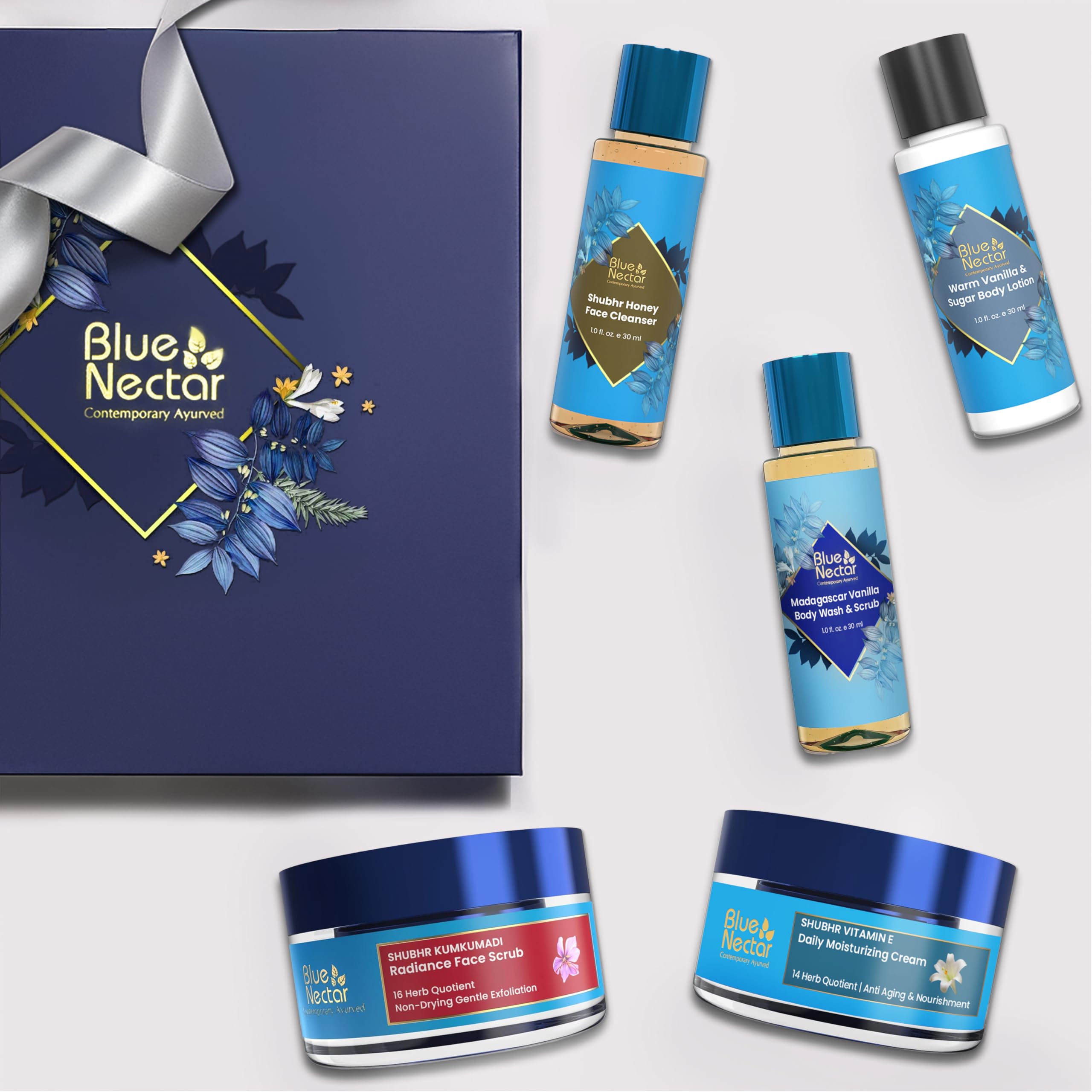 Blue Nectar Set Regalo Glamour Al Miele E Vaniglia Per Donne E Uomini, Detergente Viso, Bagnoschiuma, Lozione Per Il Corpo, Crema Per Il Viso, Scrub Gel Per Il Viso, Confezione Da 5, Regalo Perfetto-image