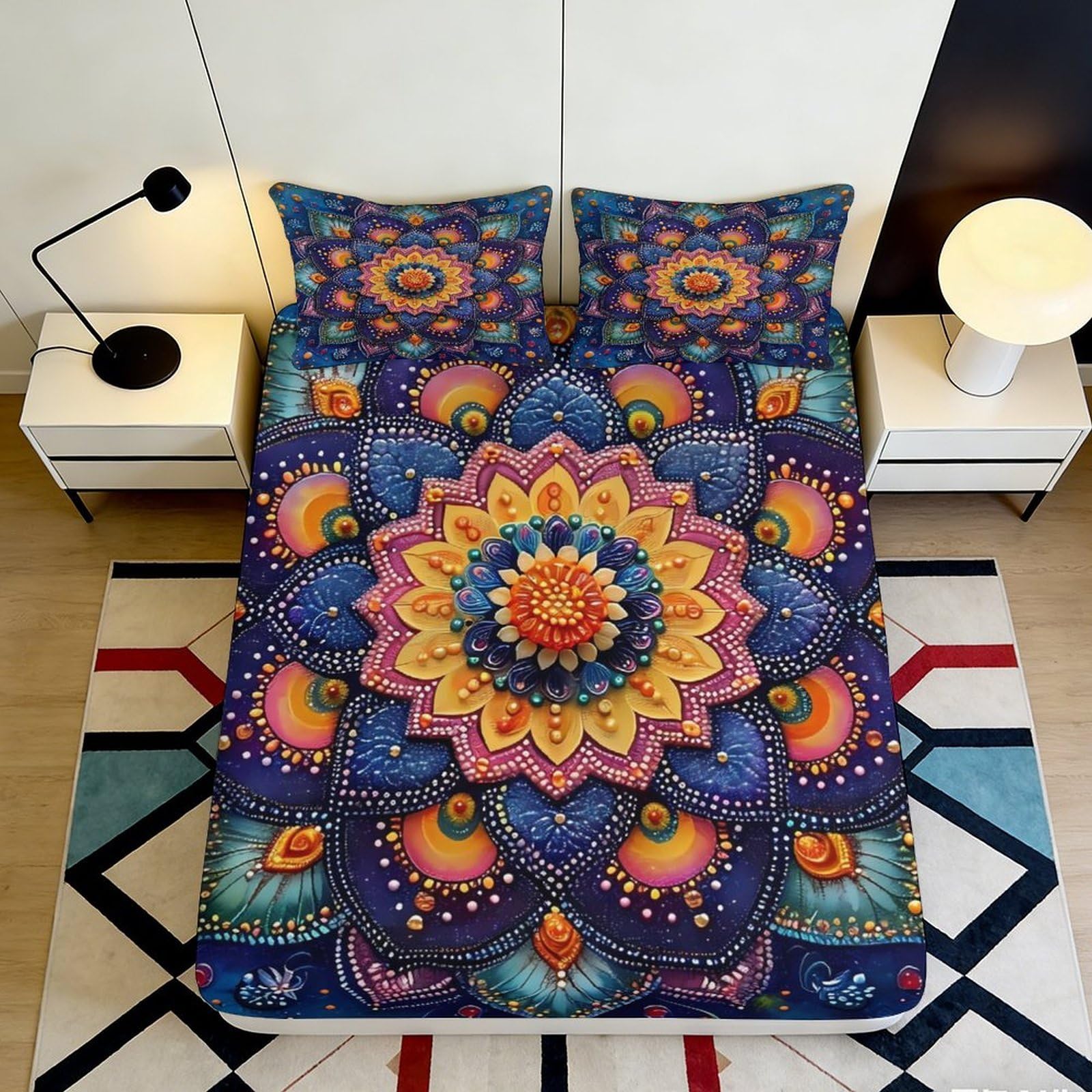 Pnayamiorkfel Style-7 3D Printed Mandala Flower Fitted Sheet Microfiber Soft Anti-Slip Bohemian Rainbow Mattress Cover For Bedroom Dorm Decor 90X200x25cm