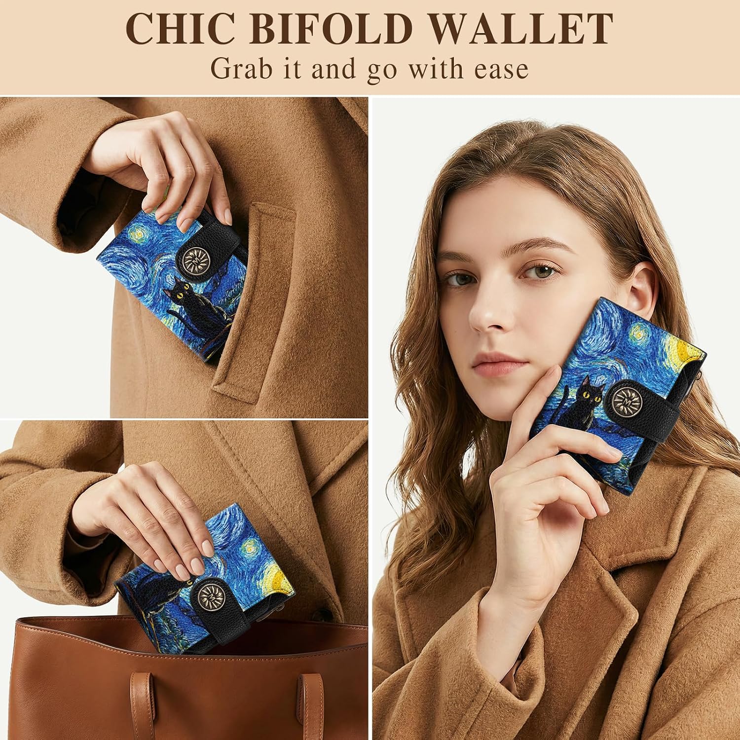 Mayski Starry Night Cat Small RFID Wallet Women, PU Leather Bifold Zipper Coin Pocket Compact Cash Credit Card Holder Purse, Cute Travel Wallet for Female Ladies Teen Girls, 4 ID Window 14 Card Slots image 2