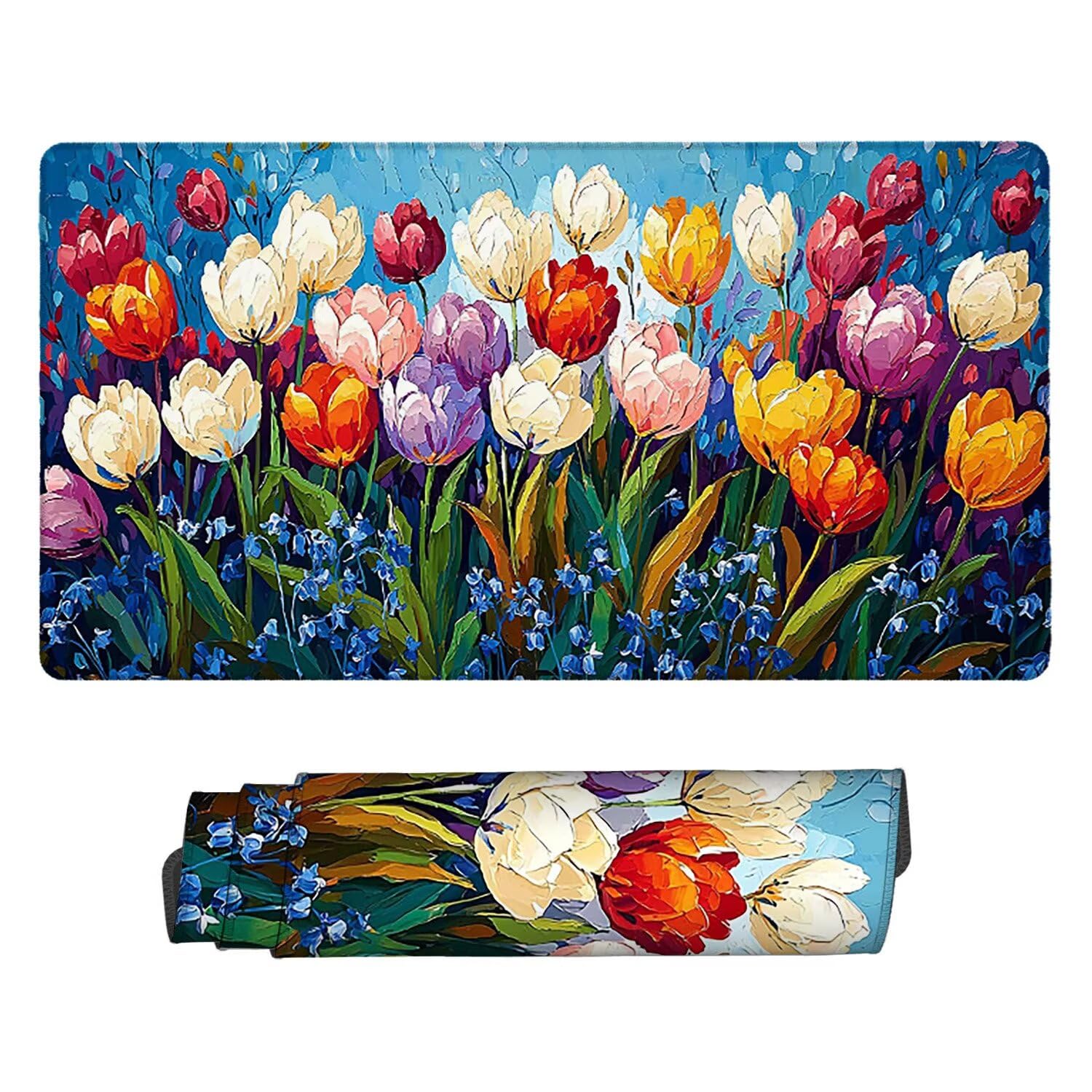 Podkładka pod mysz do gier XXL Mousepad 1000 x 500 mm, duża podkładka pod biurko z antypoślizgową gumową podstawą dla graczy, poprawia precyzję i szybkość (kwiaty tulipanów) X-967