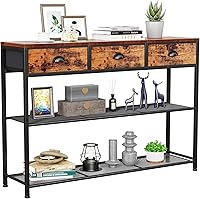 Furologee 38" Industrial Console Sofa Table with 3 Fabric Drawers & Storage Shelves, Rustic Brown Entryway Table for Living Room, Hallway, Foyer