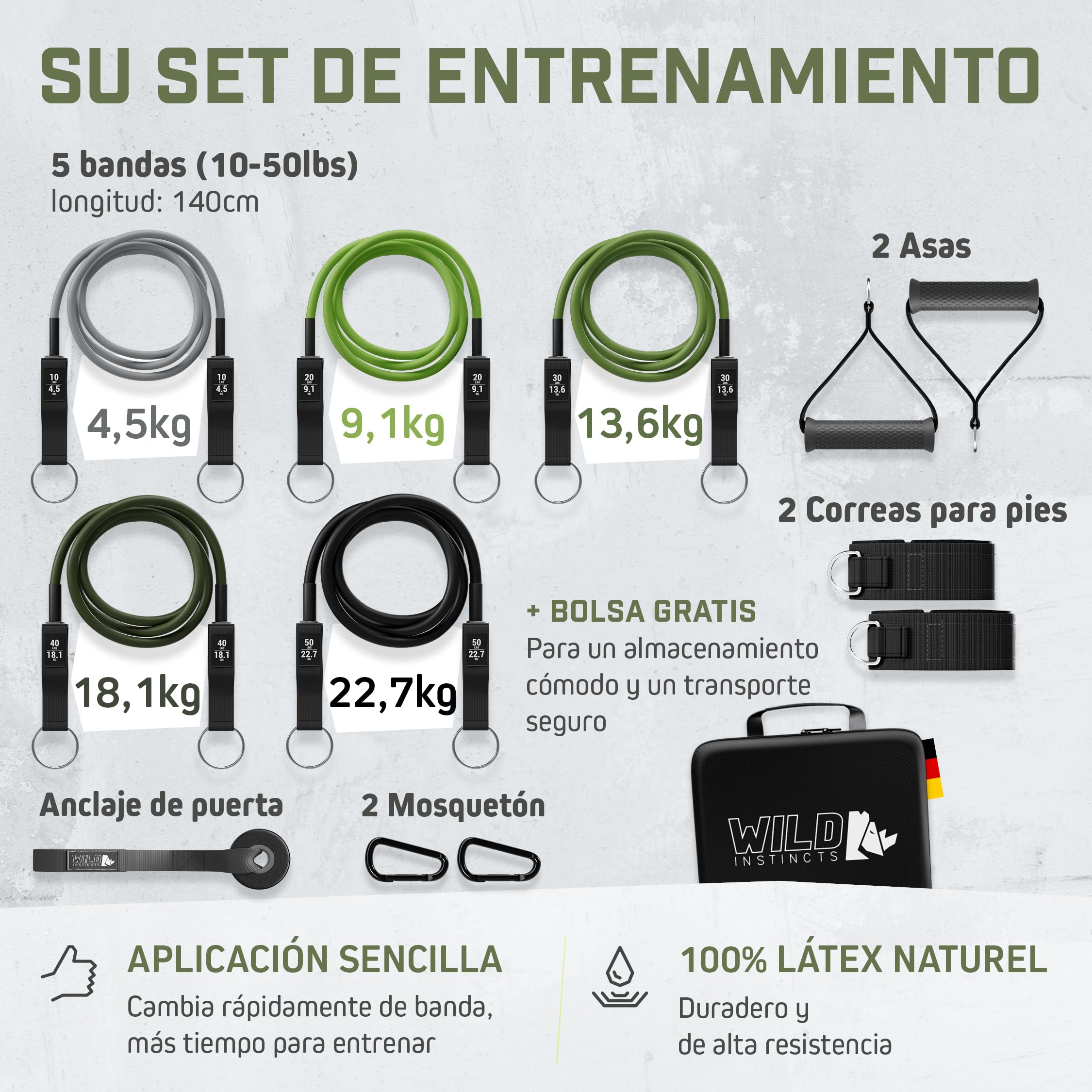 Wild Instincts® Set de Bandas de Resistencia para tu Gym en Casa/Banda Elástica Fitness con Asas para el Entrenamiento con Pesas/Bandas Elásticas Musculación/Gomas Elásticas Musculacion