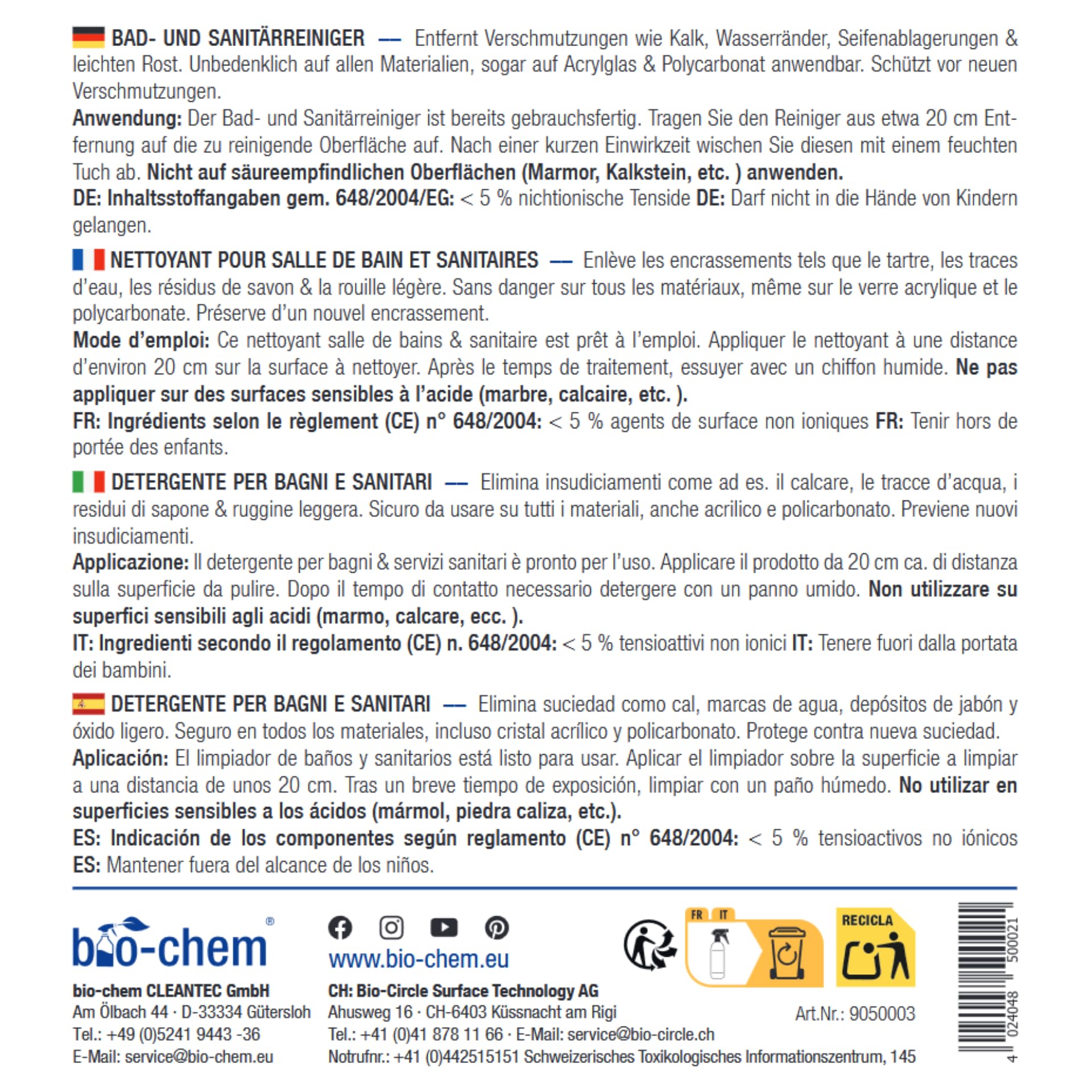 bio-chem Detergente per bagno e toilette anticalcare 5L | Prodotto per la pulizia di doccia, lavandino e WC - Detergente anticalcare e antimuffa per il bagno