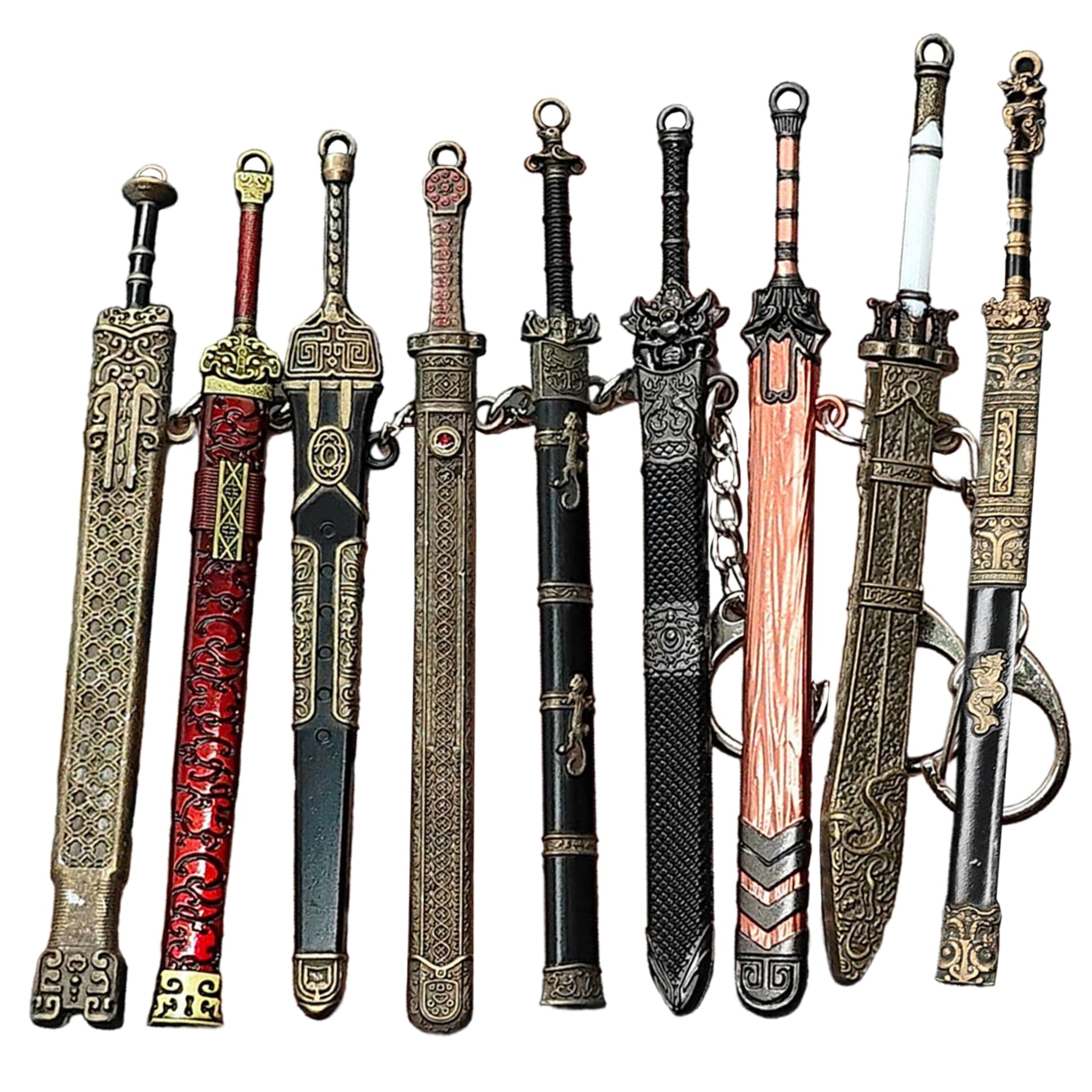 9PCS Mini Sword 4.7" Ancient Sword Keychain Zinc Alloy Key Chain Old Scabbard Decoration Pattern Keychain Uncut Blade Model for Men Women