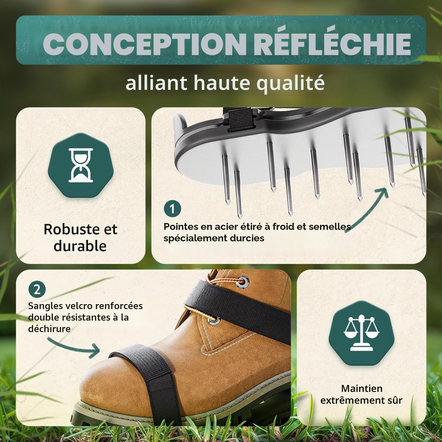 Chaussures à ongles Pro | Chaussures aératrices de pelouse + chaussures à chape | Aérateur de pelouse et aérateur pour aérer la pelouse | Chaussures de gazon de qualité supérieure pour