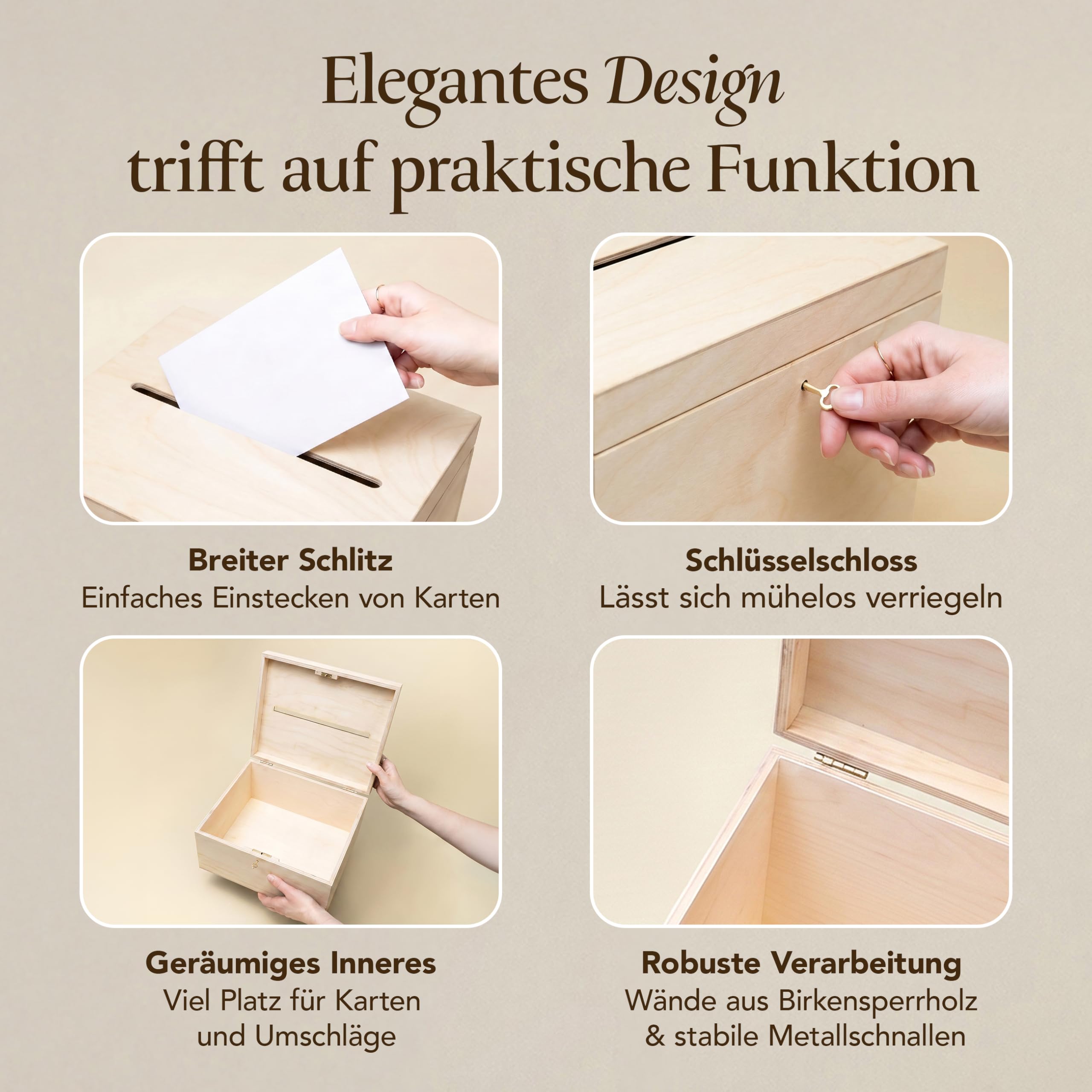 Creative Deco Kartenbox Hochzeit Holzkiste mit Deckel | 29 x 20 x 22 cm | Geldgeschenke Holzbox mit Schlitz, Schloss und Schlüssel Geschenkkarten Box Geldbox Briefbox Kasten | Lagerung Spendenbox