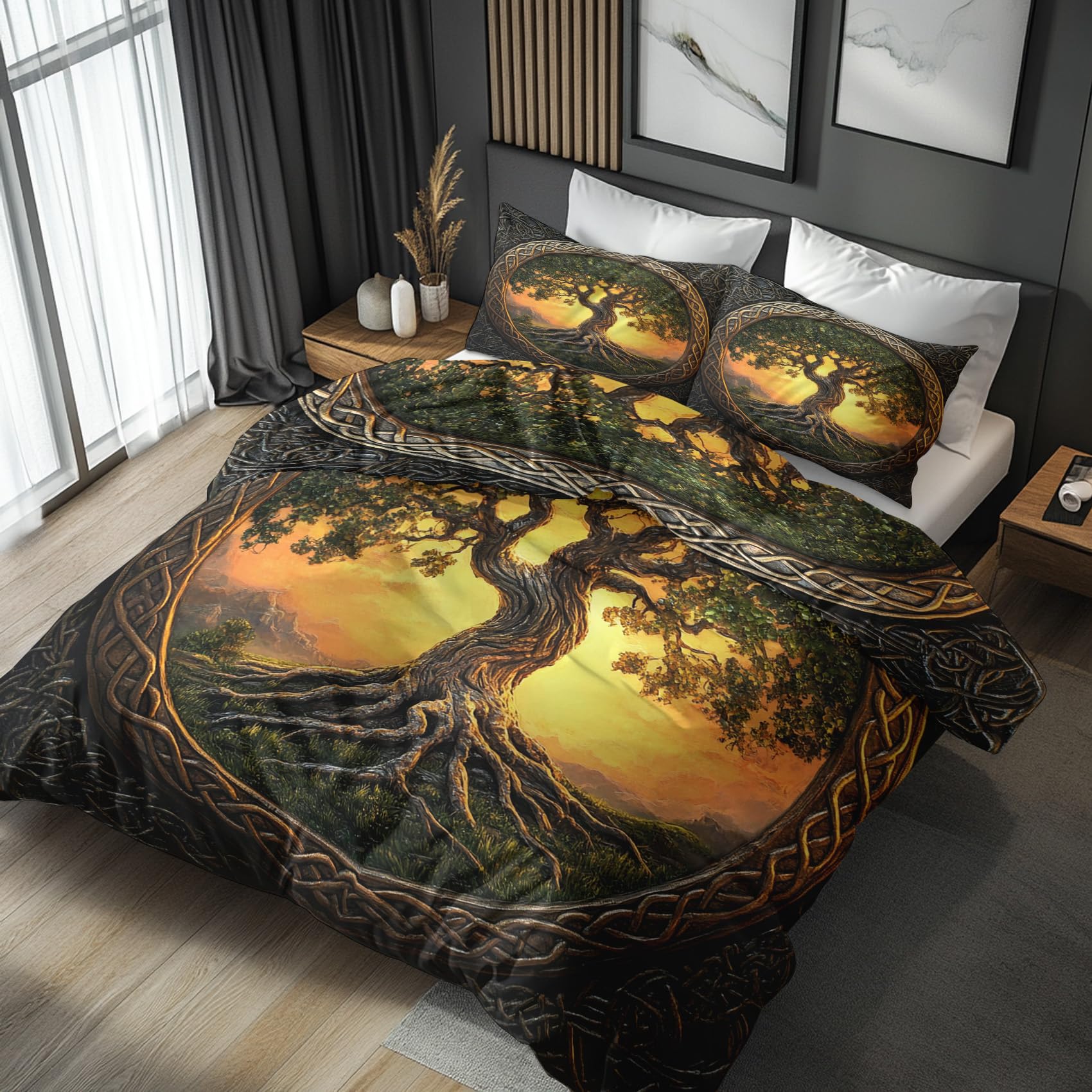 NOGAWA Viking Tree of Life Bedding Emperor Size - Norse Mythology Duvet Cover, Reversible Quilt Cover & 2 Pillowcases with Zip and Ties, Ultra Soft and Breathable Brushed Microfibre Bed Set