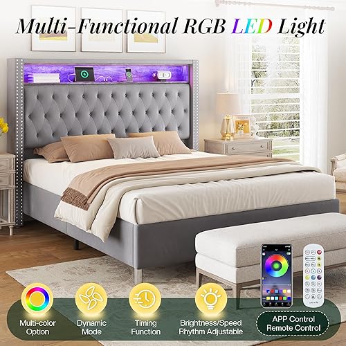 Miniatura 20 de Jocisland Base de cama tamaño Queen de 53.6 pulgadas de alto, cabecero de almacenamiento con luces LED y estación de carga, cama tapizada de Negro