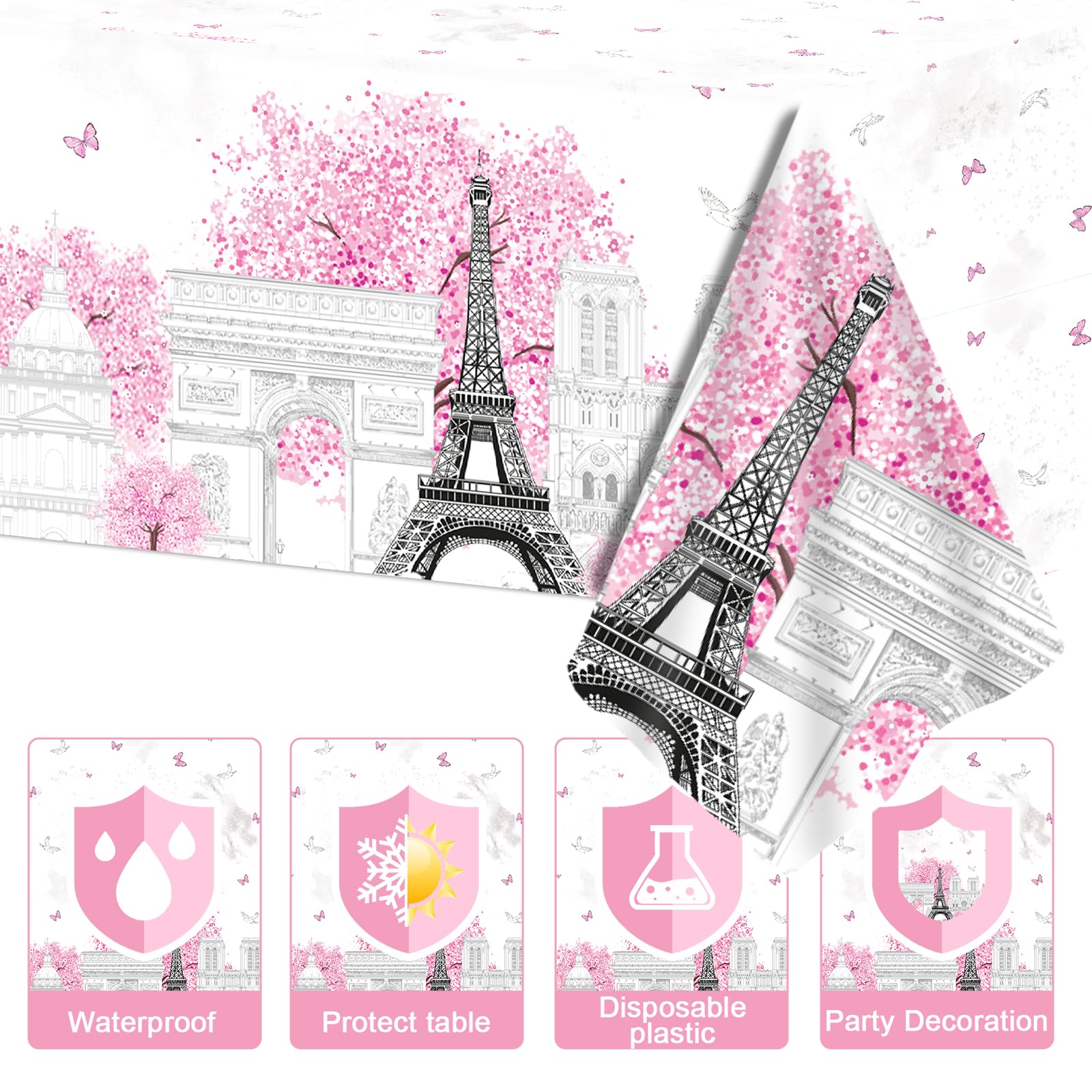 ZOIIWA Juego de platos y servilletas de papel para decoración de fiesta temática de París, Torre Eiffel, mantel desechable rosa para decoración de baby shower, suministros de fiesta de París