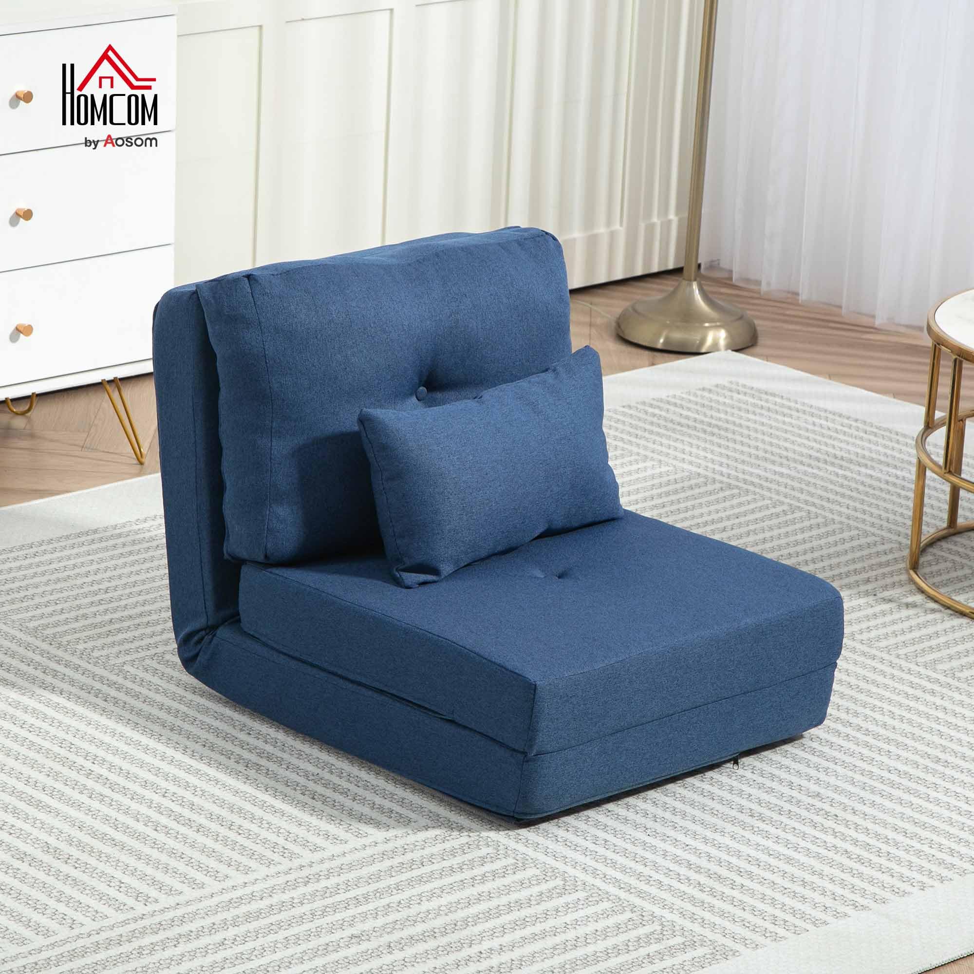 HOMCOM Sillón Convertible 1 Plaza Sillón Perezoso Cama Calentador 1 Plaza - Cojín Incluido, Respaldo Ajustable - Salón, Carga 120 kg, Tejido Lino Azul Oscuro