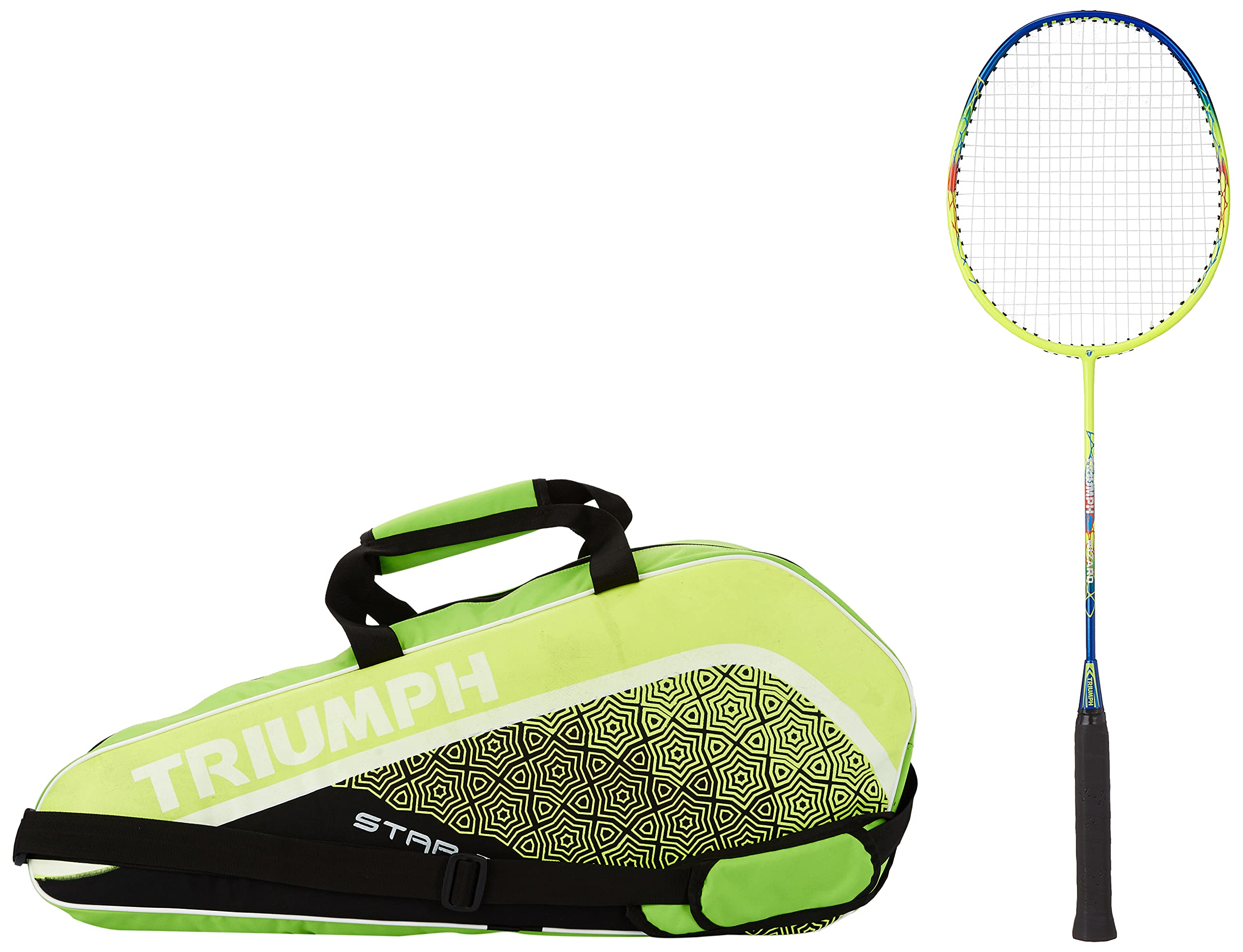 Triumph Wizard Graphite Hotmelt Light Weight Strung Badminton Racket with Star-3R Single Compartment Badminton Bag Yellow