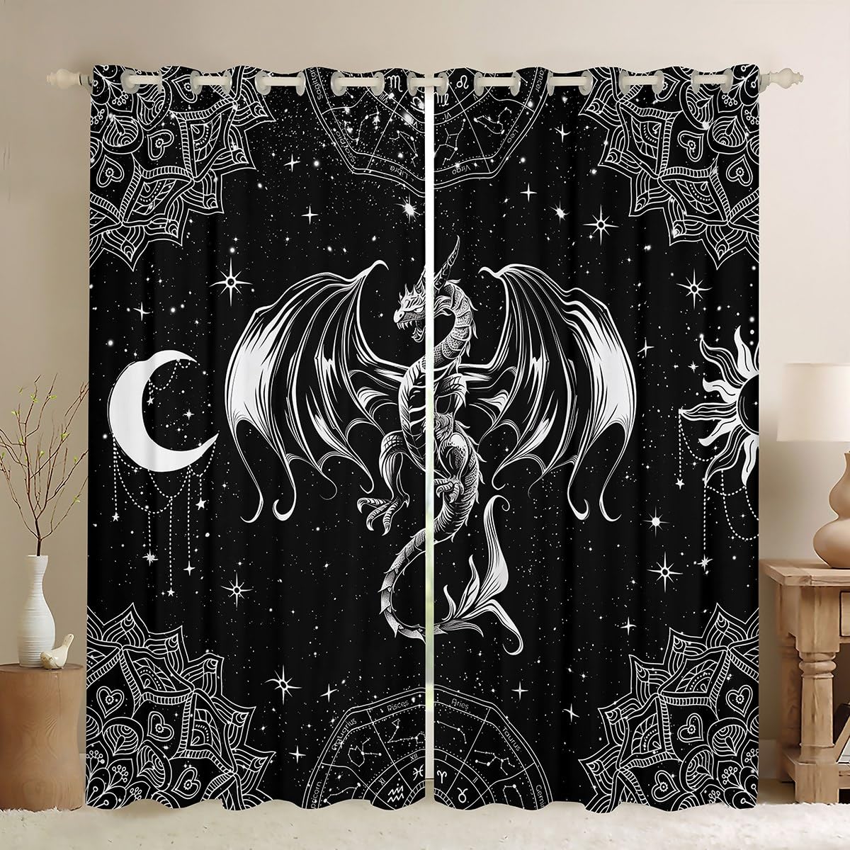 feelingyou Western Flying Dragon Curtains for Windows,Mysterious Wild Animals Curtains for Living Room,Bohemian Lotus Constellation Starry Sky Blackout Drapes 2 Panel Sets,66x90L โ image 1