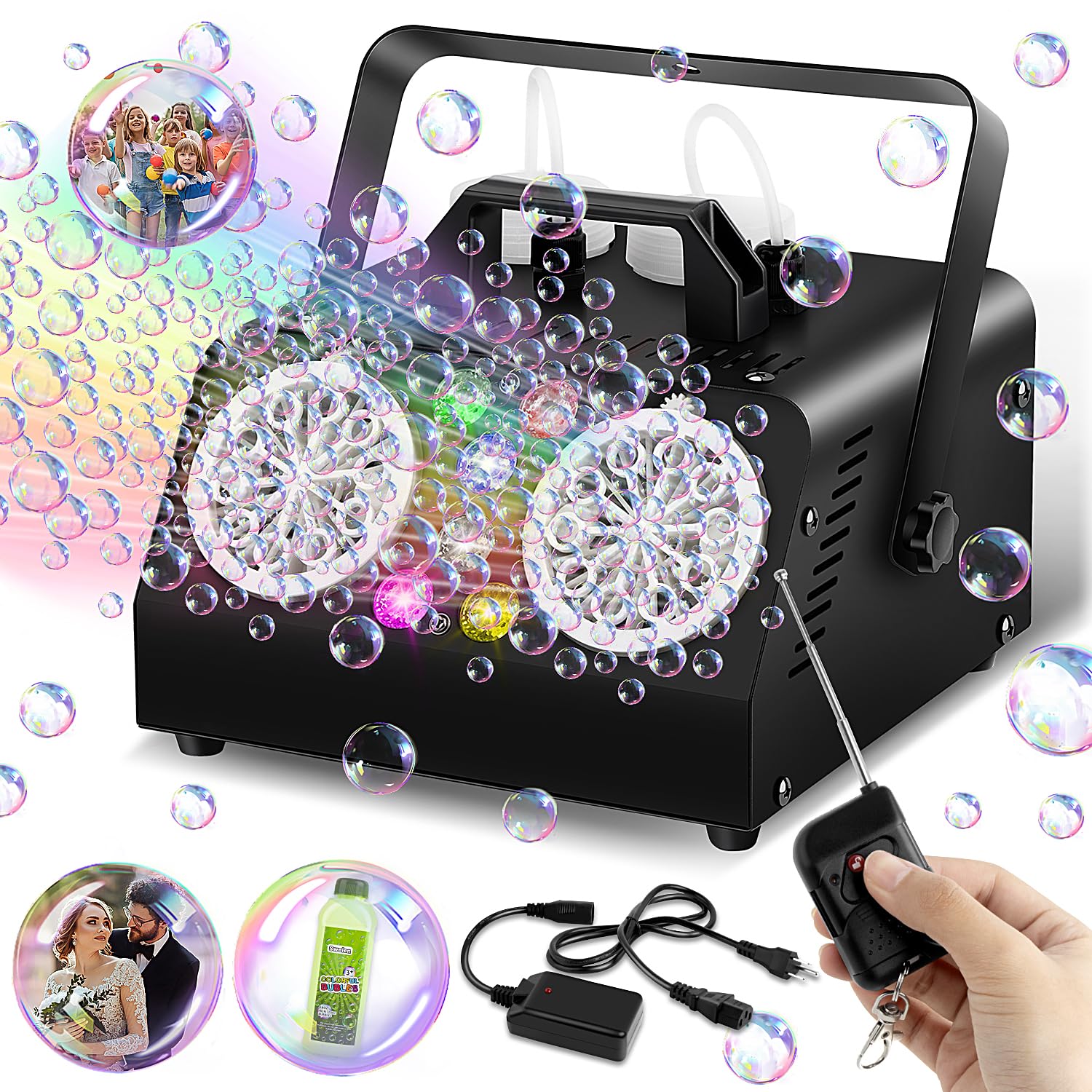 Professional Bubble Machine With Remote - 750ml Tank, 16 Wands, For Parties & Weddings