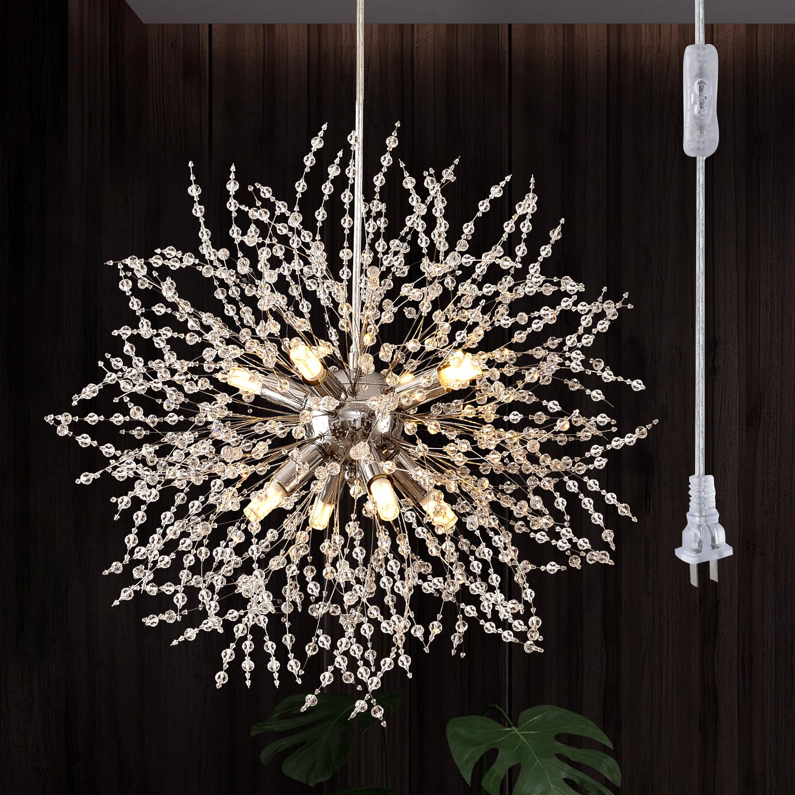 (incomplete,missing crystals)HOXIYA Modern Crystal Chandeliers Firework, Plug in Dandelion Chandelier, Chrome Sputnik Pendant Light for Bedroom Foyer Hallway Entryway Kitchen, 8 Light Firework Dandelion Chandelier, G9 Socket