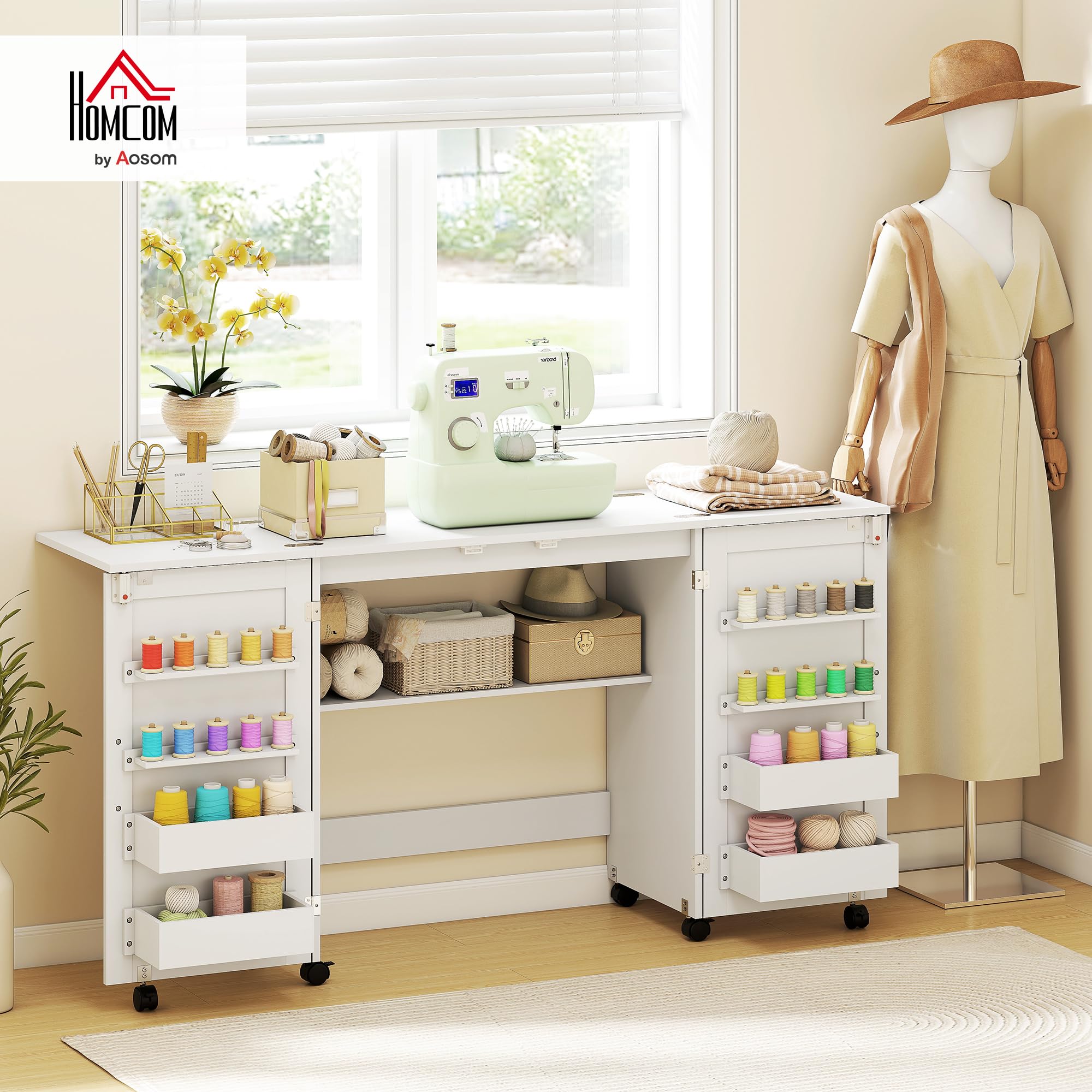 HOMCOM Mesa de Costura Plegable con 6 Ruedas, Mueble para Máquina de Coser con 20 Clavijas para Hilos, 4 Compartimentos, Estante, Armario de Costura para Estudio, Salón, Dormitorio, Blanco
