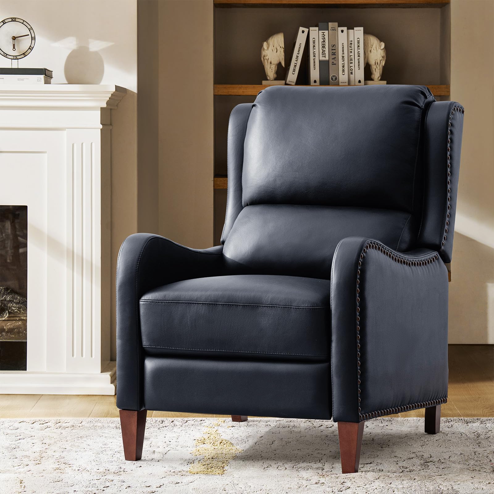 HULALA HOME Genuine Leather Push Back Recliner Navy