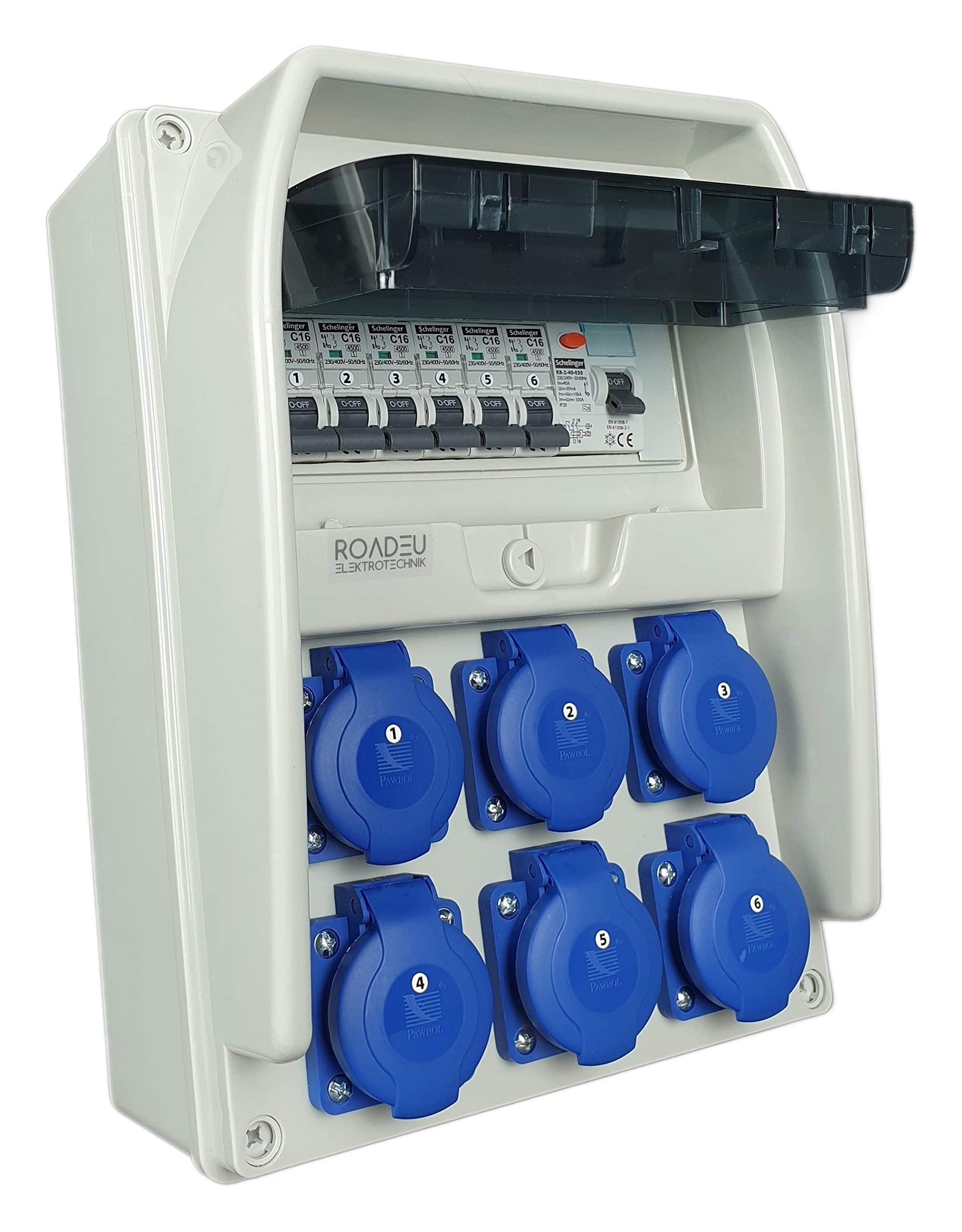 RoadEu - Coffret de chantier 230V - 6x prises avec interrupteur - répartiteur de prises avec disjoncteur différentiel 40A type A/AC - 6x LS C 16A - IP44 idéal pour les ateliers et les usines