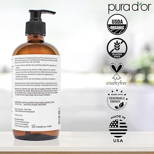 Miniatura 7 de PURA D'OR Aceite de coco fraccionado orgánico de 16.9 onzas, aceite MCT 100% puro y natural, certificado por USDA, prensado en frío, sin perfume,