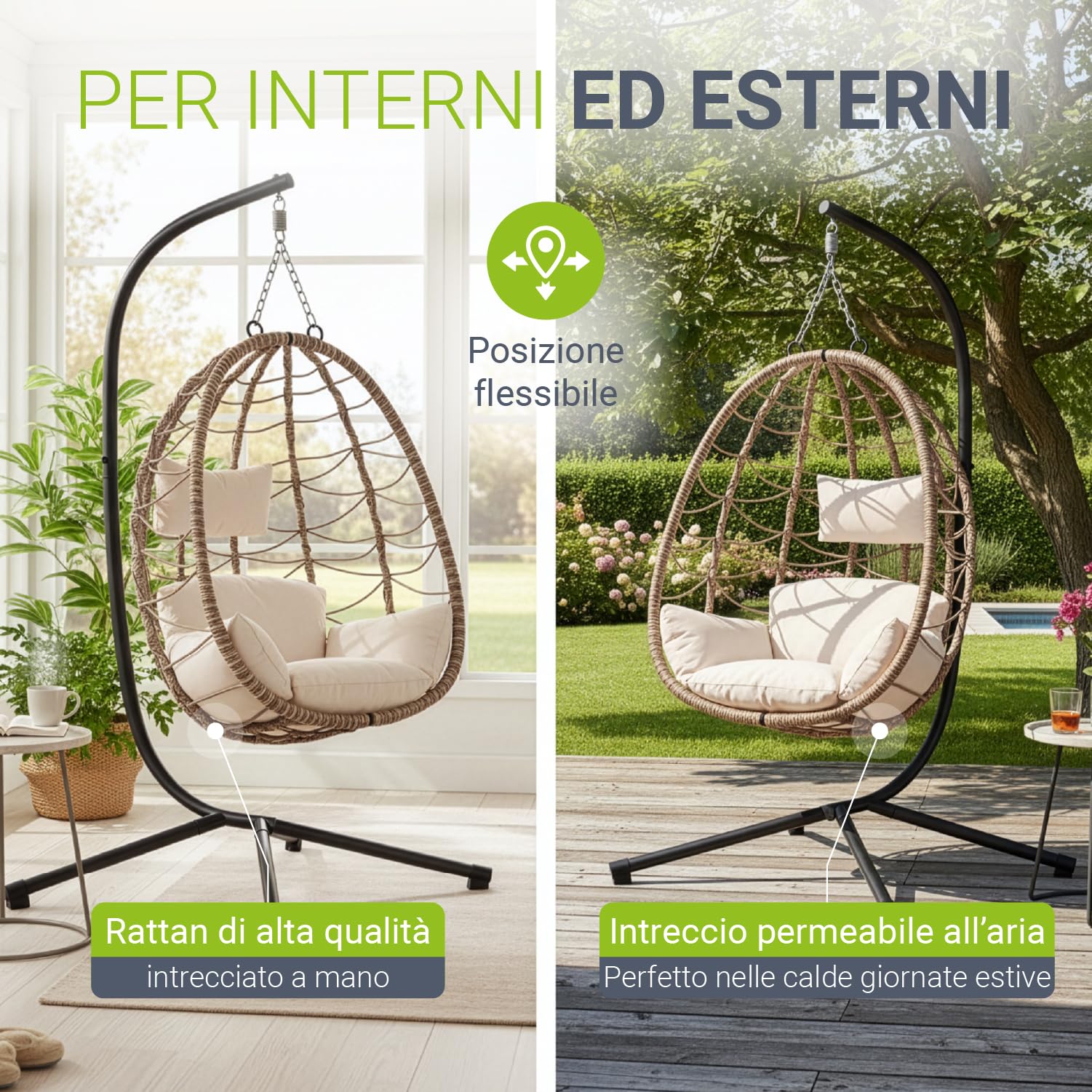 Juskys Sedia sospesa Lani con cuscini - regolabile in altezza e pieghevole - polyrattan dondolo sospeso per esterni e interni - Poltrona a uovo sospesa Beige fino a 130 kg