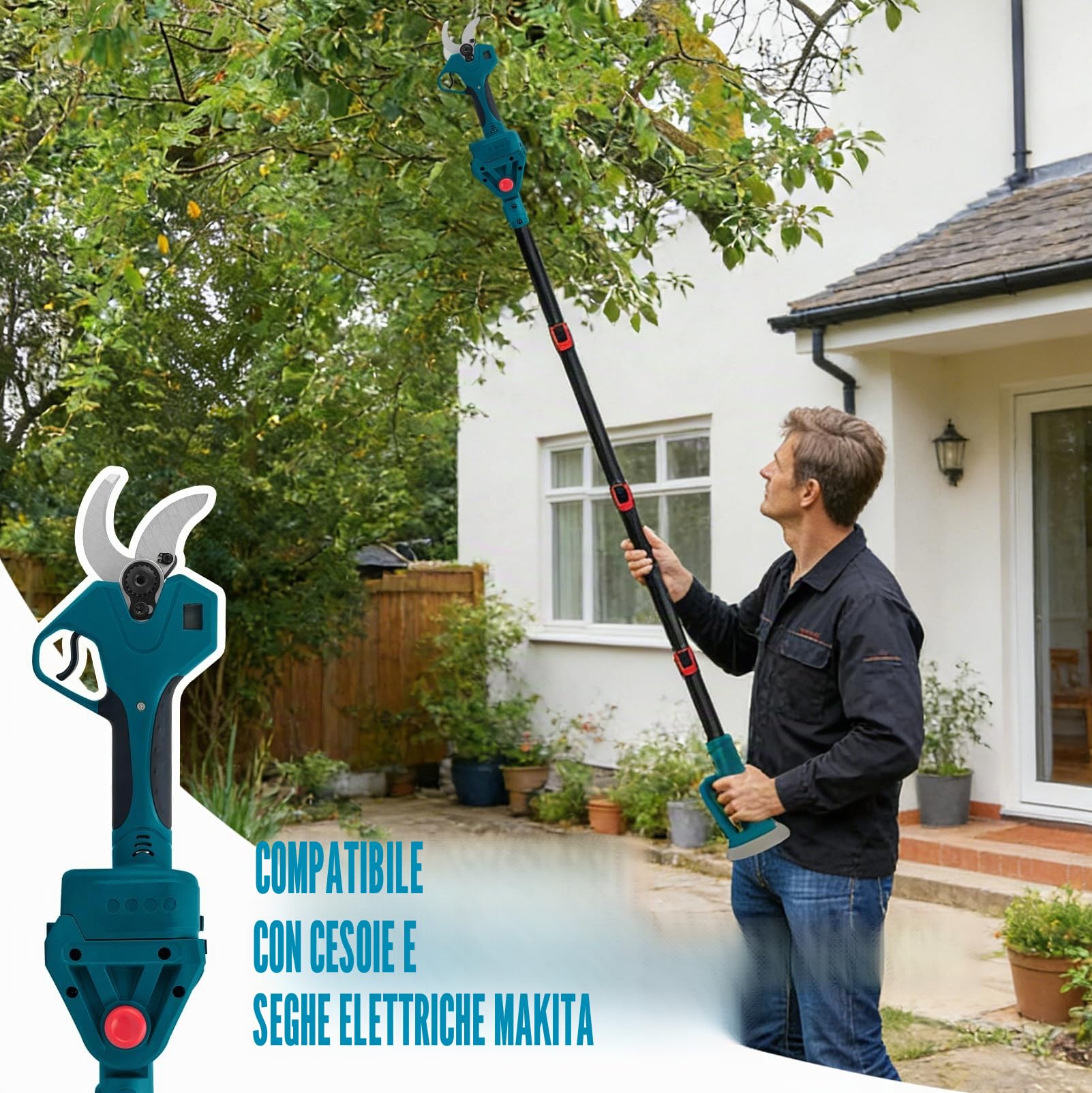 Asta telescopica per cesoie e seghe elettriche telescopiche | 4 pezzi di estensione da giardino da 2 m, accessori regolabili ad alto taglio, compatibile con Makita da 18 V/21 V