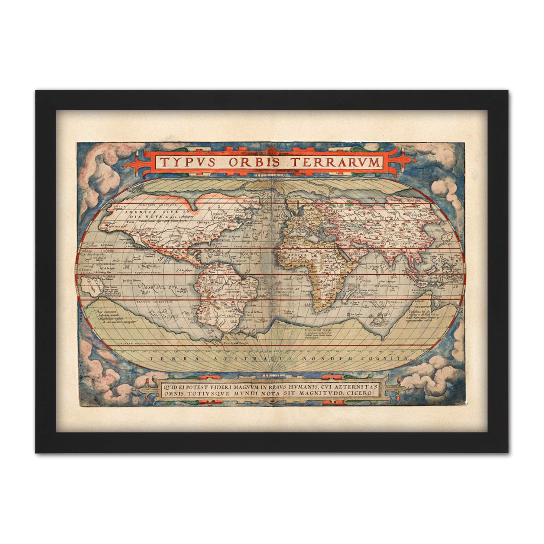 Map Ortelius 1579 World Earth Continents Ornate Artwork Framed Wall Art Print 18X24 Inch