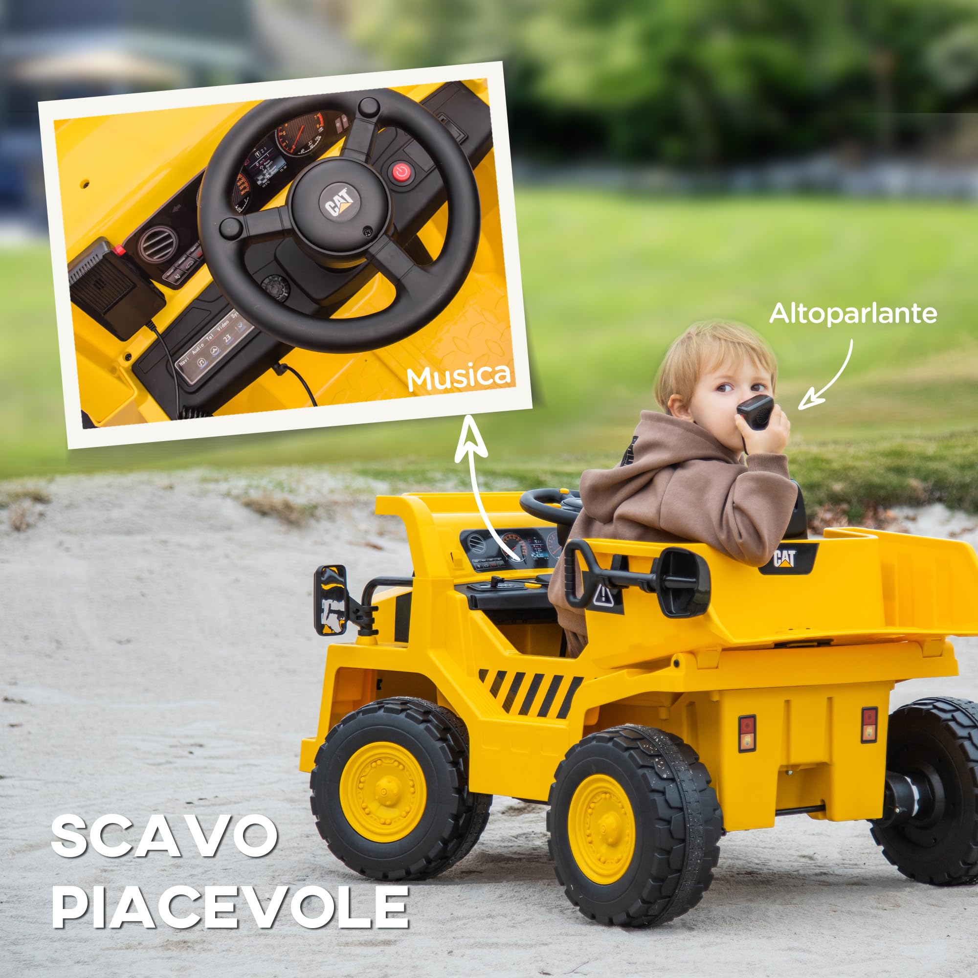 AIYAPLAY 12V Camion Giocattolo Licenza Caterpillar con Musica Giallo | Macchina Elettrica per Bambini, Telecomando, Fari, Secchio e Pala, Escavatore in PP e Metallo