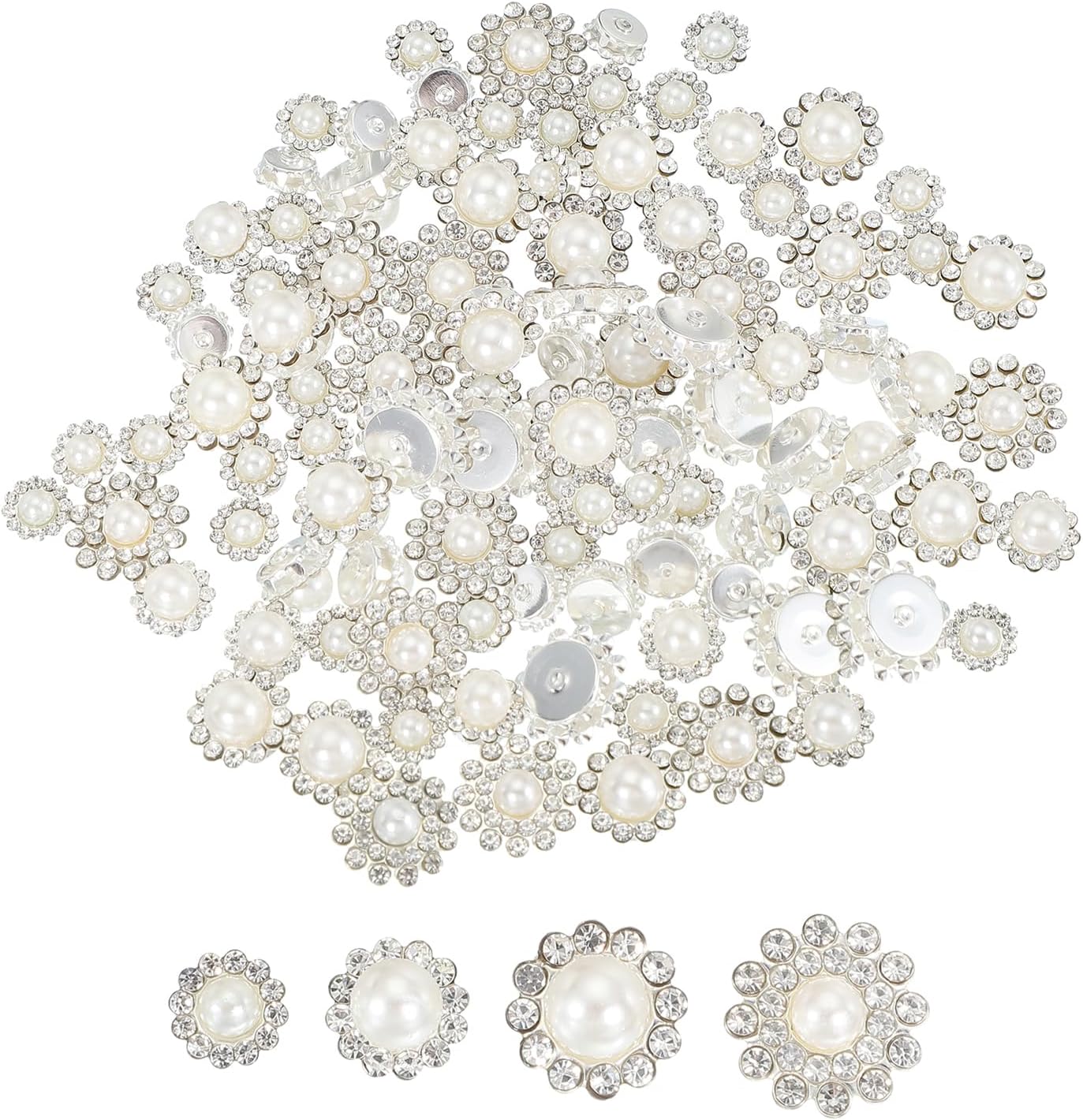 PATIKIL 100 Pcs Pearl Sew on Rhinestones Crystals 8mm 10mm 12mm 14mm, 3 Layers Sewing Flower Claw Rhinestones Glass Gems Metal Base for DIY Craft Dress Clothes Belt, Silver/Beige