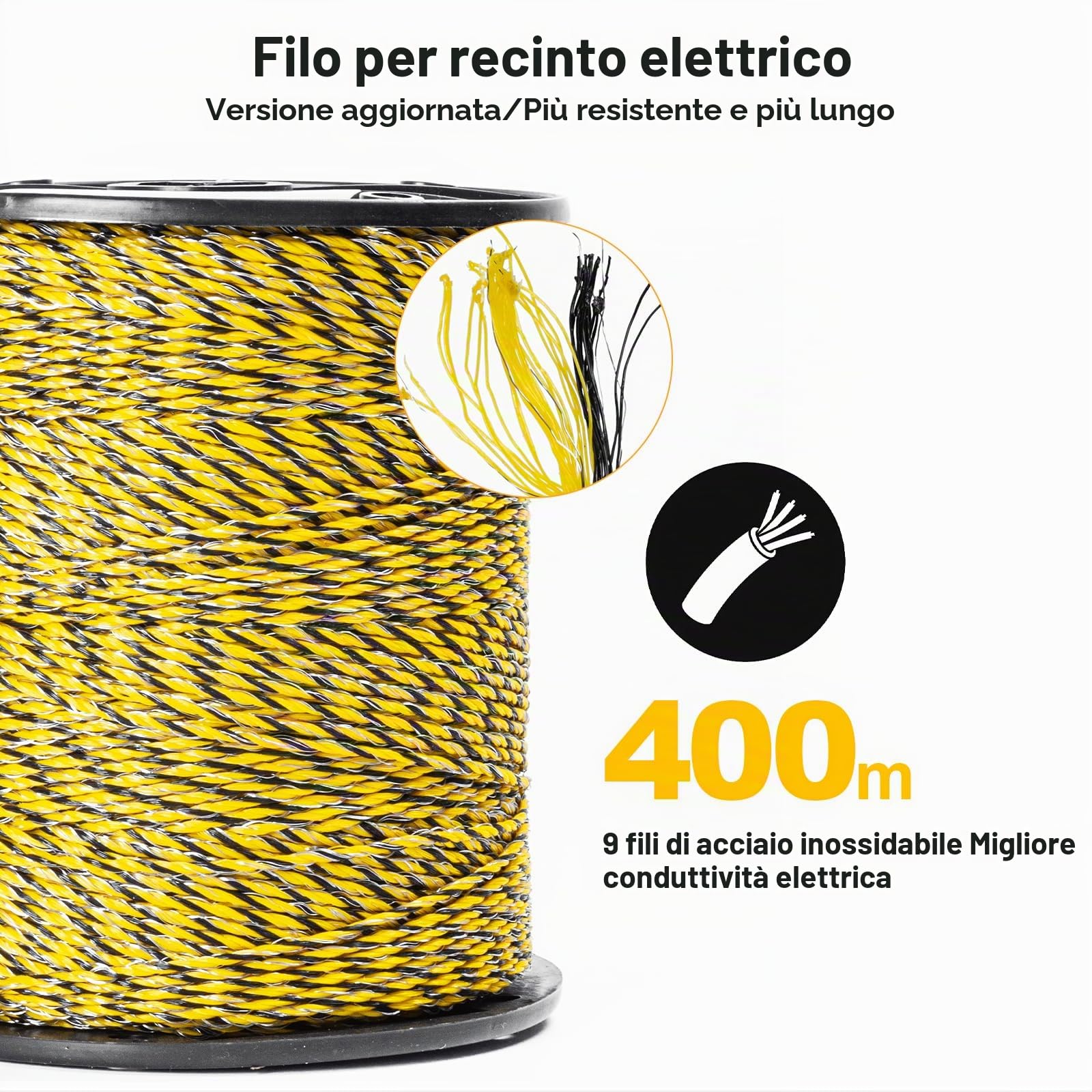 Filo Per Recinto Elettrico 1000 metri con 6 fili conduttori,Recinti Elettrici Recinzioni Elettrificate sezione Conduttore per Animali Mucche Cavalli maiali Galline