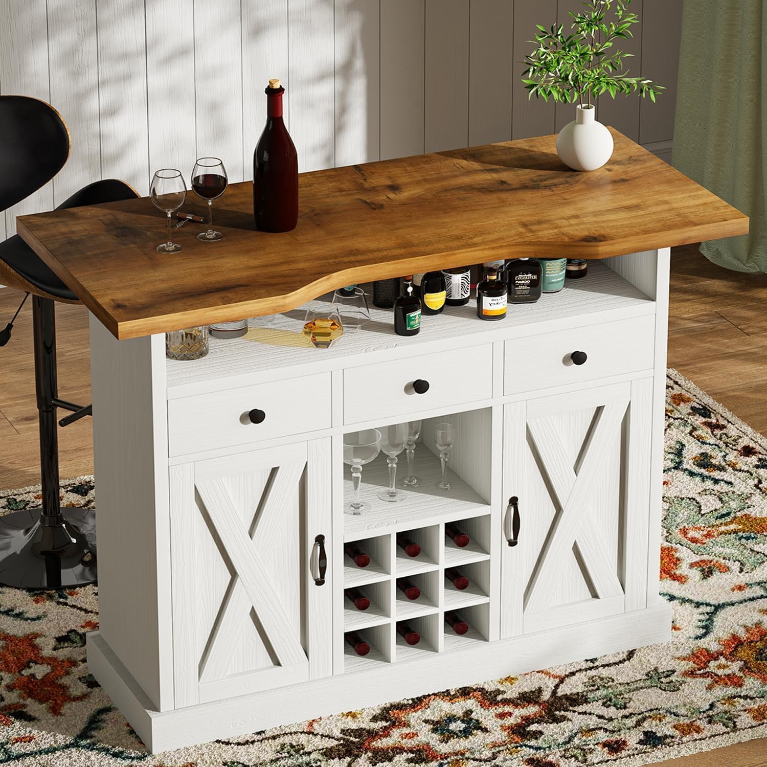 4ever2buy 52 Inch Large Home Bar Unit, 4-Tier Storage Bar Table with Footrest & 3 Drawers, Farmhouse Wine Bar Cabinet with 9 Wine Rack & 2 Barn Doors for Living Room, Dining Room, White