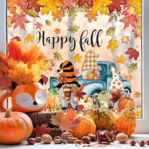Miniatura 4 de Waline - Calcomanías grandes de otoño para ventana, calcomanías de acuarela de otoño, hojas de gnomo de otoño de doble cara, calcomanías de PVC para