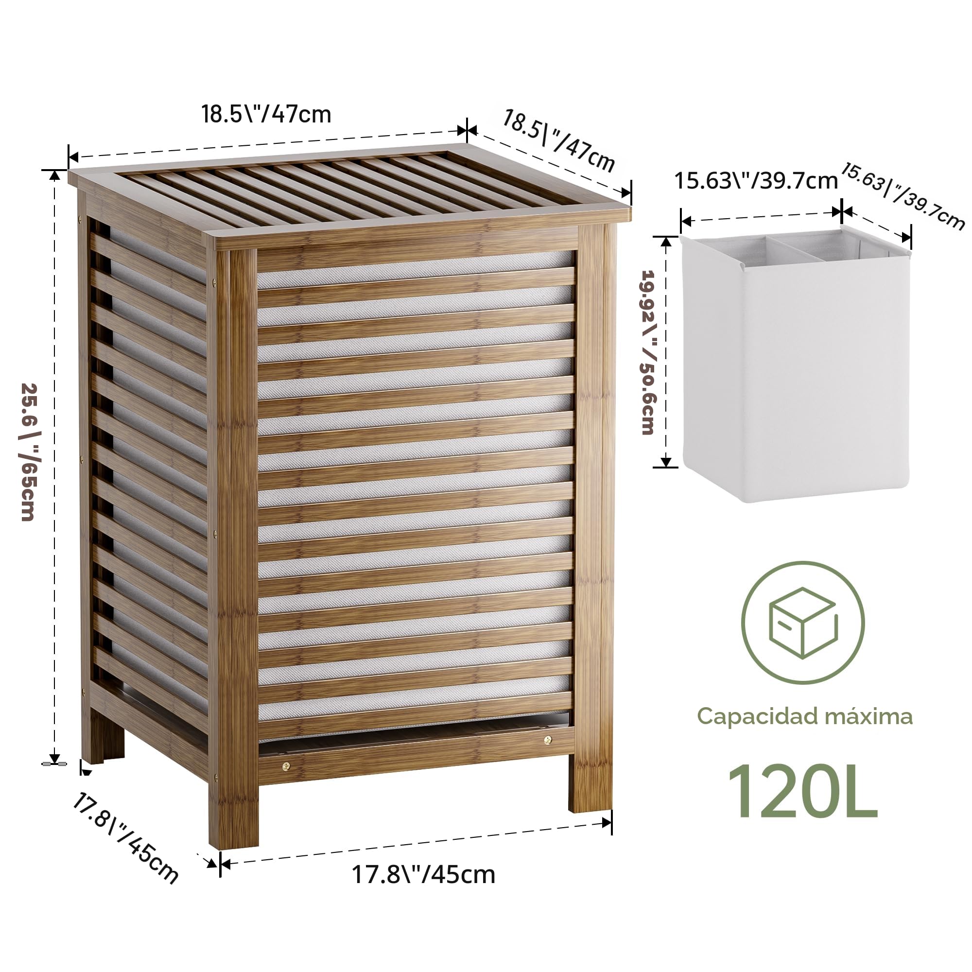 SMIBUY cesta de lavandería doble con tapa, cesta de lavandería de bambú de 120L con bolsa de revestimiento extraíble, clasificador de lavandería divisor de ropa de 2 secciones (Nuez)