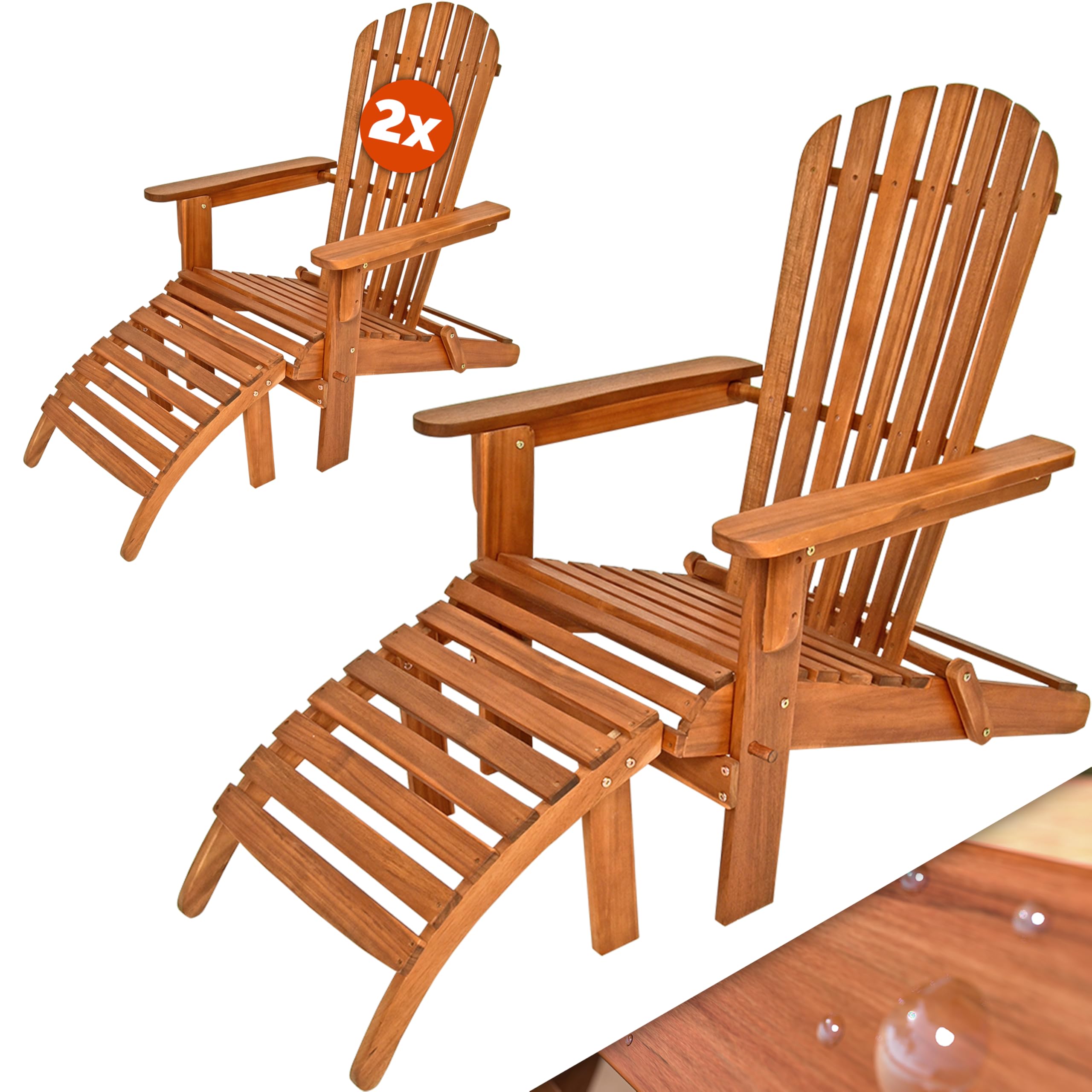 CASARIAยฎ 2x Adirondack Wooden Sun Loungers with Footrests | Weatherproof Acacia Wood Deckchair | Foldable Garden Furniture | Armrests High Backrest | 160kg Capacity | Ergonomic Patio Chair