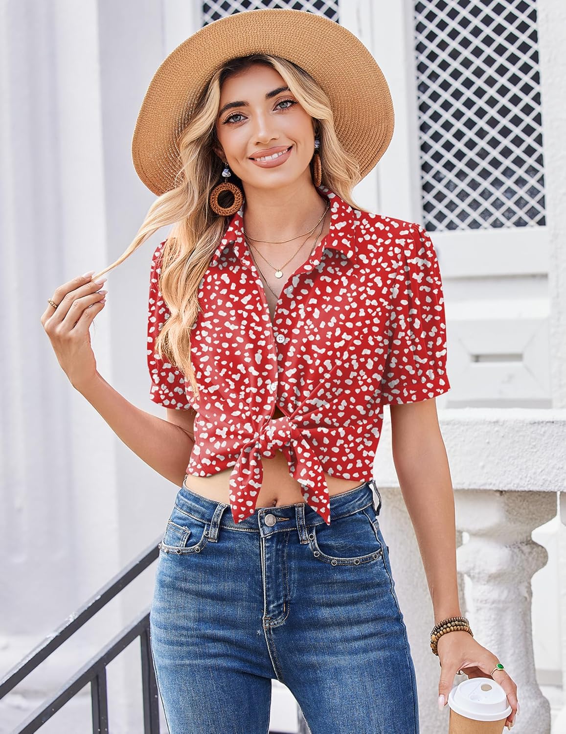Zeagoo Women Button Down Shirts Puff Short Sleeve Blouses Chiffon Tops Business Casual Outfits Summer Clothes - Image 4