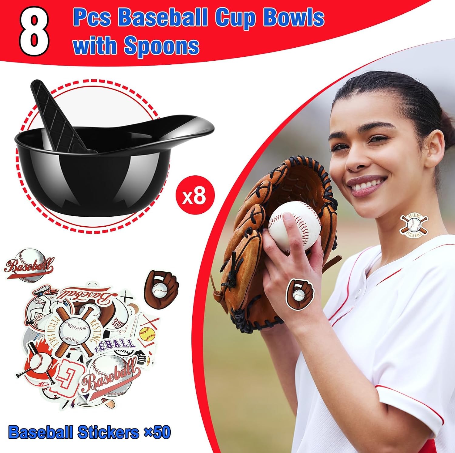 MEEZY 16 Set Baseball Helmet Ice Cream Bowls with 8 Mini Dessert Cups and 8 Spoons, 8oz Reusable Baseball Cap Snack Dessert Cup Bowls Baseball Party Favors for Kids Sports Birthday Party Supplies image 3