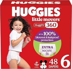 Huggies Size 6 Baby Diapers, Little Movers HuggFit 360° Baby Diapers with 360° Waistband, Size 6 (35+ lbs), 48 Count, Packaging May Vary