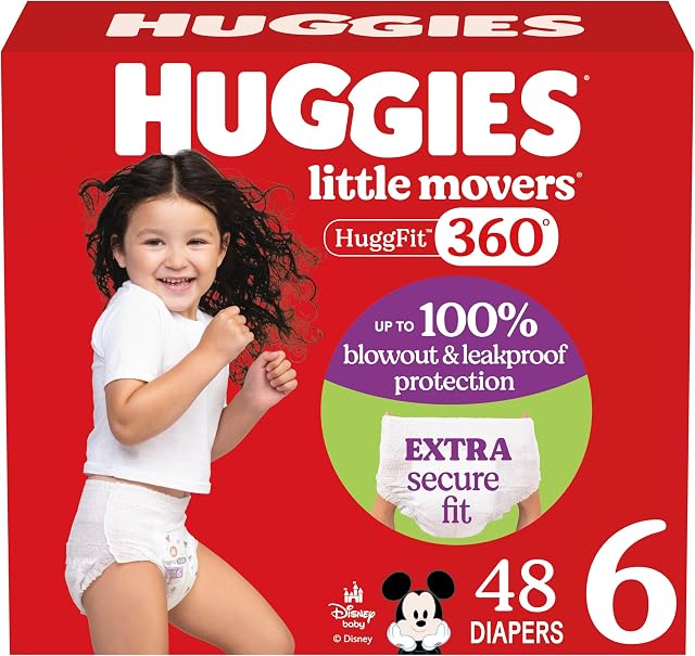 Huggies Size 6 Baby Diapers, Little Movers HuggFit 360° Baby Diapers with 360° Waistband, Size 6 (35+ lbs), 48 Count, Packaging May Vary