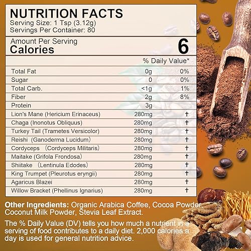 Miniatura 7 de Café de hongos  Café instantáneo en polvo de hongos de melena de león con melena de león, Reishi, Chaga, Cordyceps, cola de pavo  8.82 oz de café de